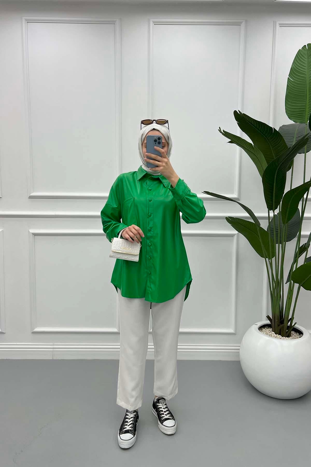 Düğmeli Deri Ceket Yeşil