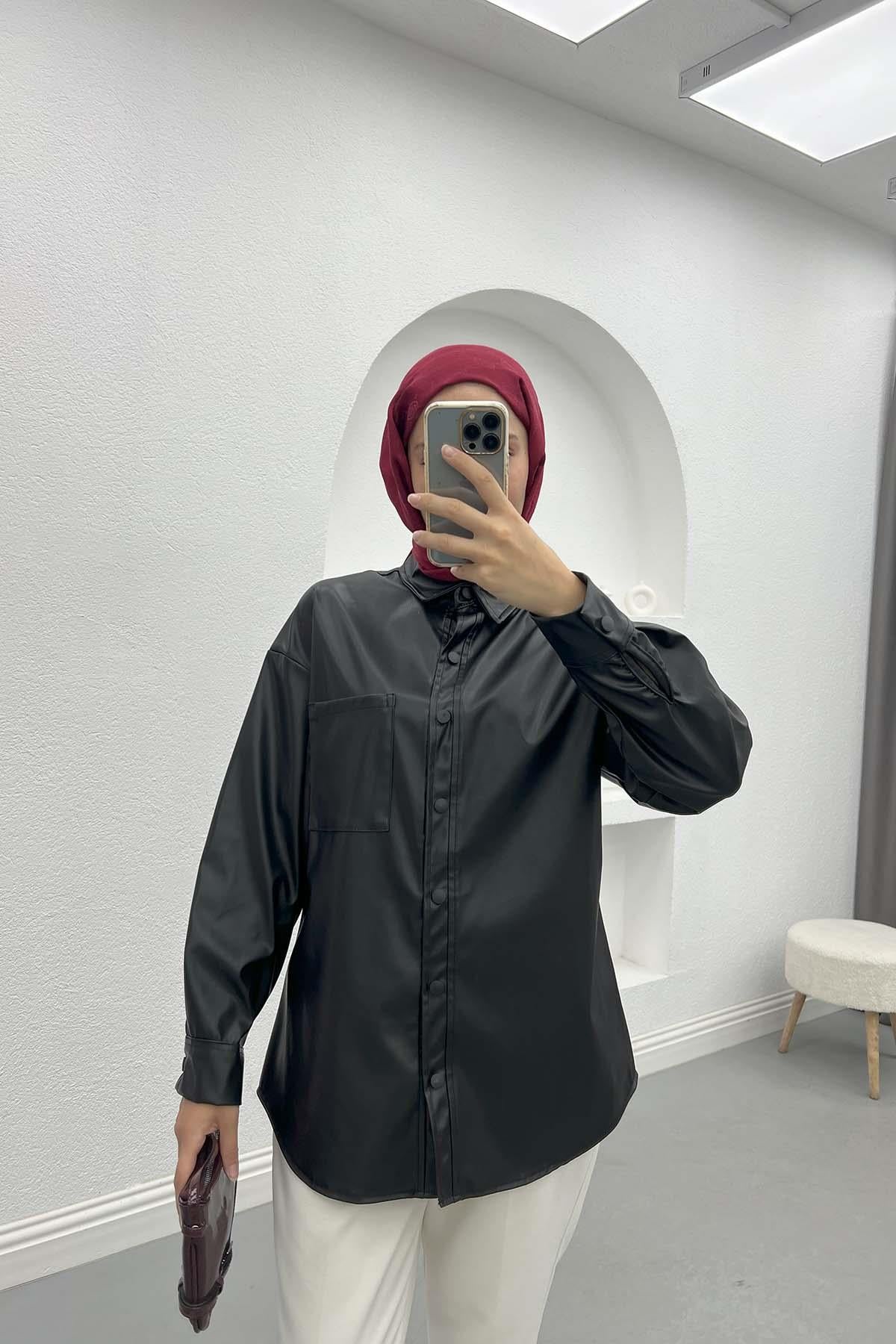Düğmeli Deri Gömlek Siyah