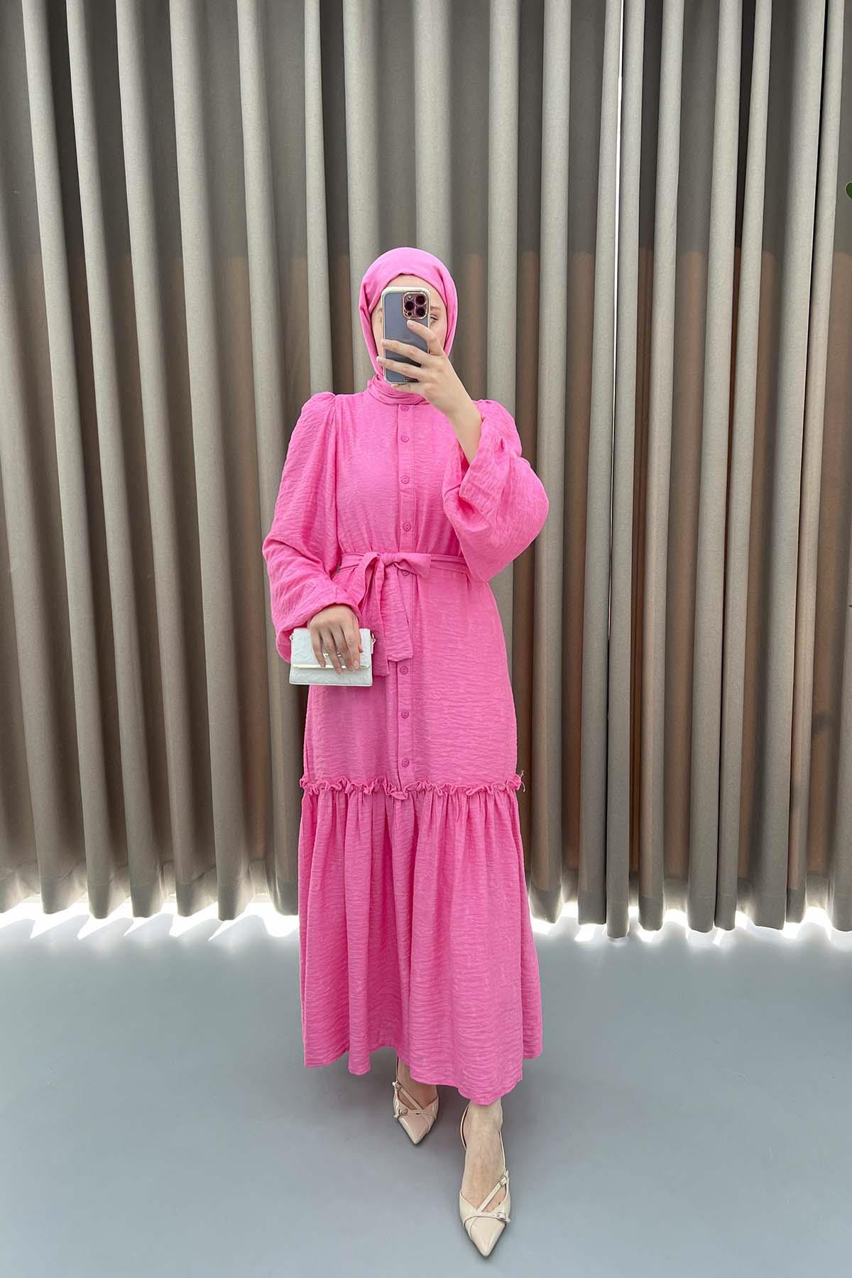 Düğmeli Dokulu Elbise Pembe