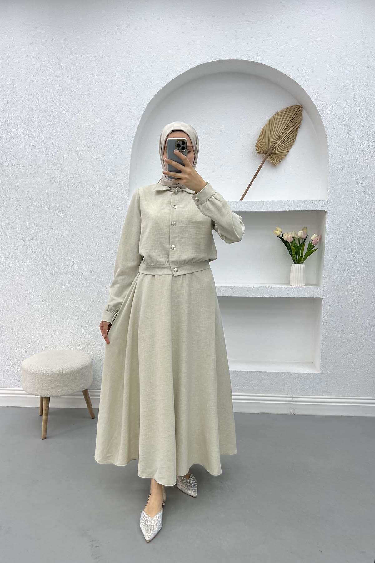 Düğmeli Etek Takım Bej