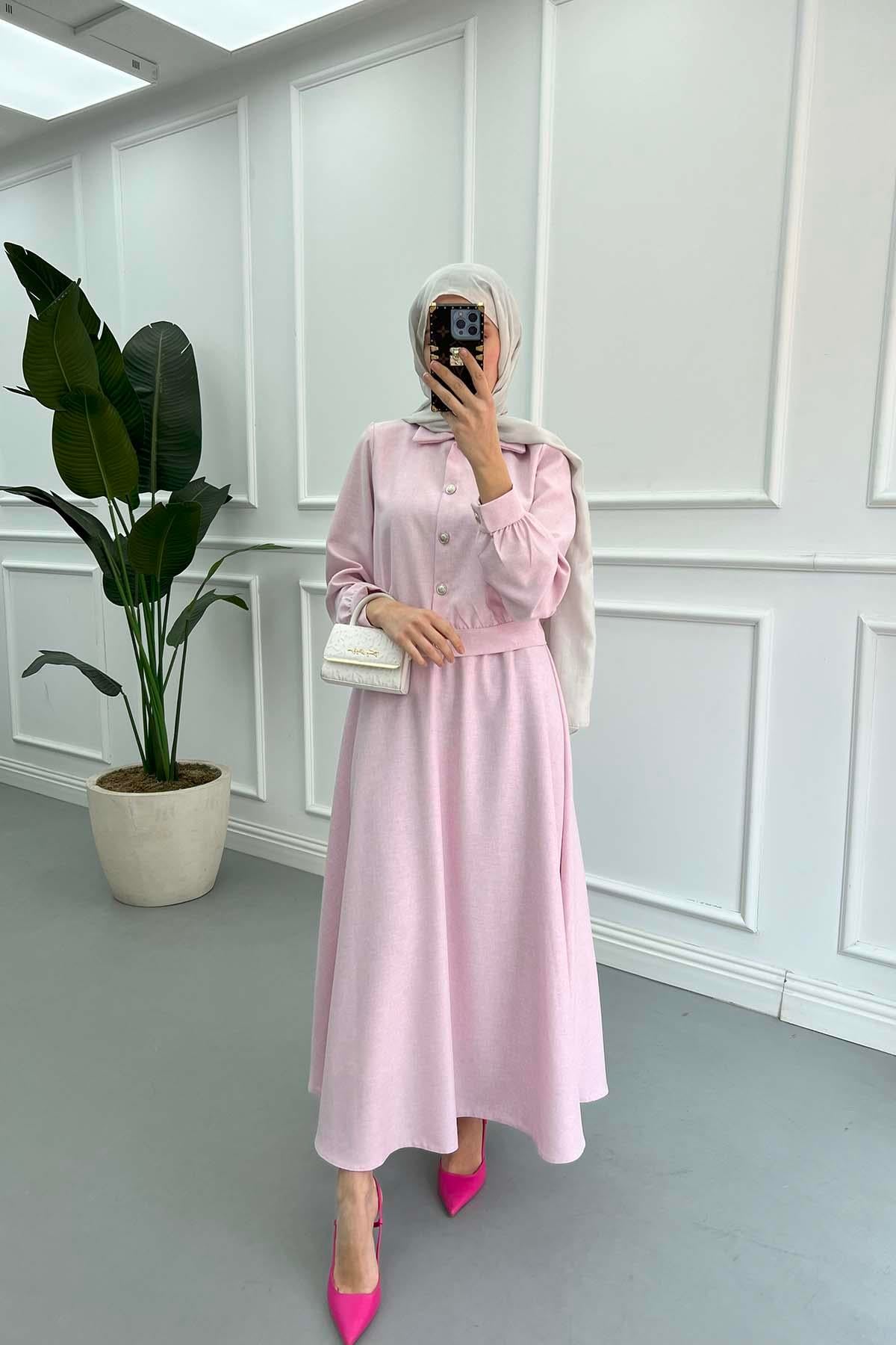 Düğmeli Etekli Takım Pembe