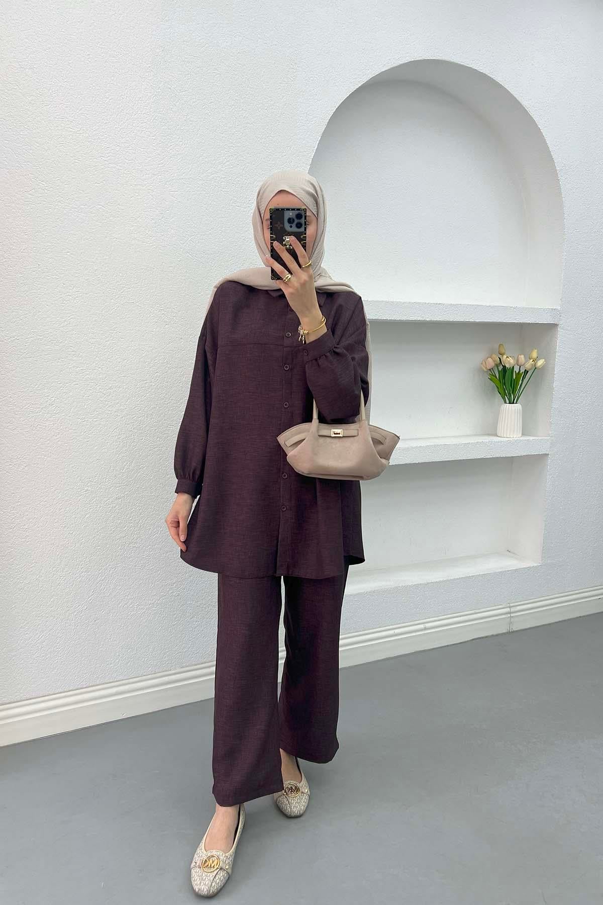 Düğmeli Gömlek Takım Mürdüm