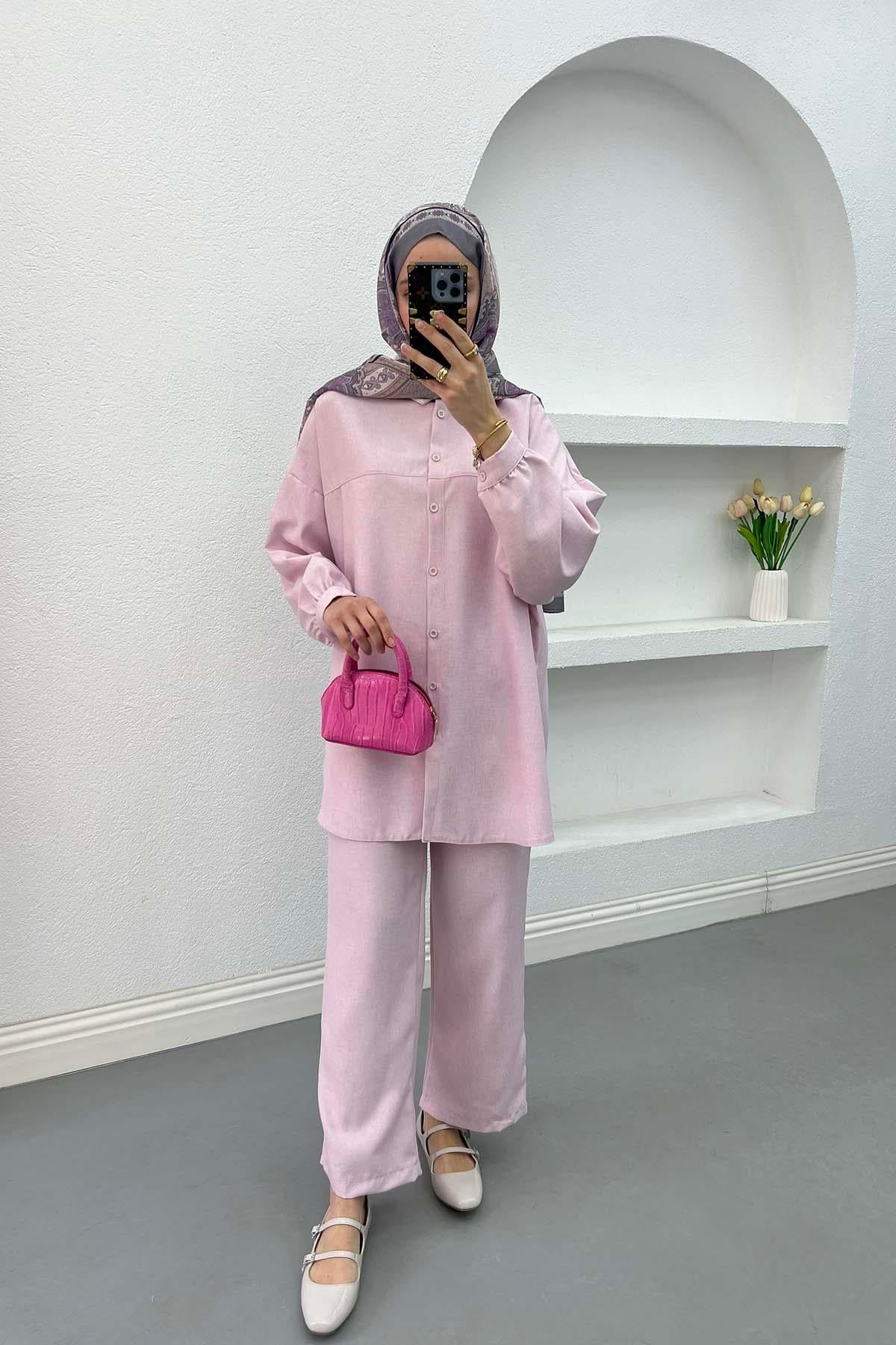 Düğmeli Gömlek Takım Pembe