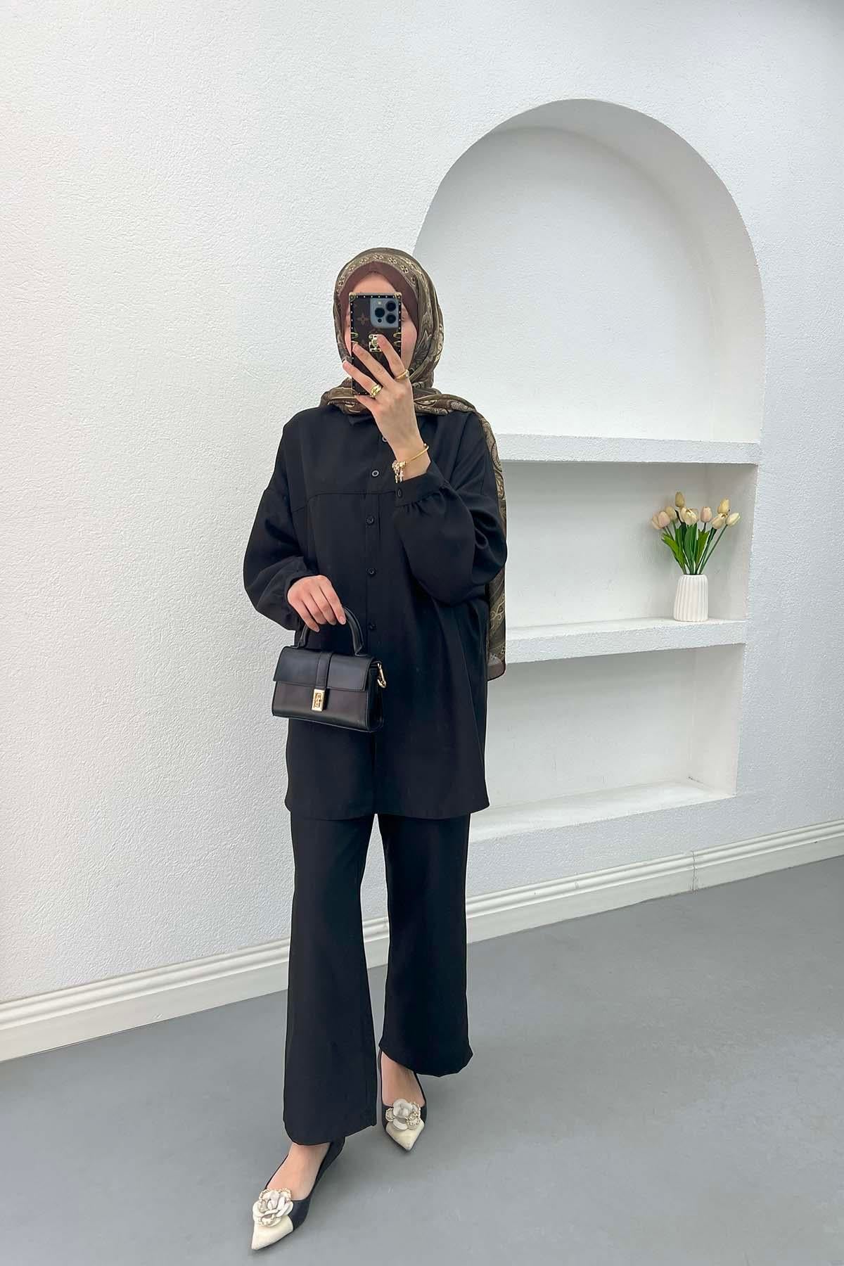 Düğmeli Gömlek Takım Siyah