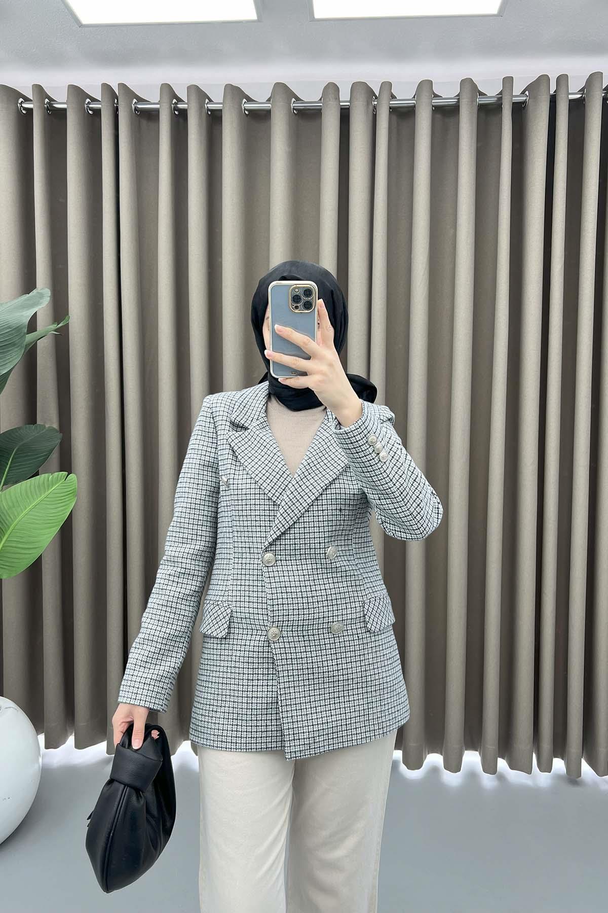 Düğmeli Kazayağı Ceket Gri