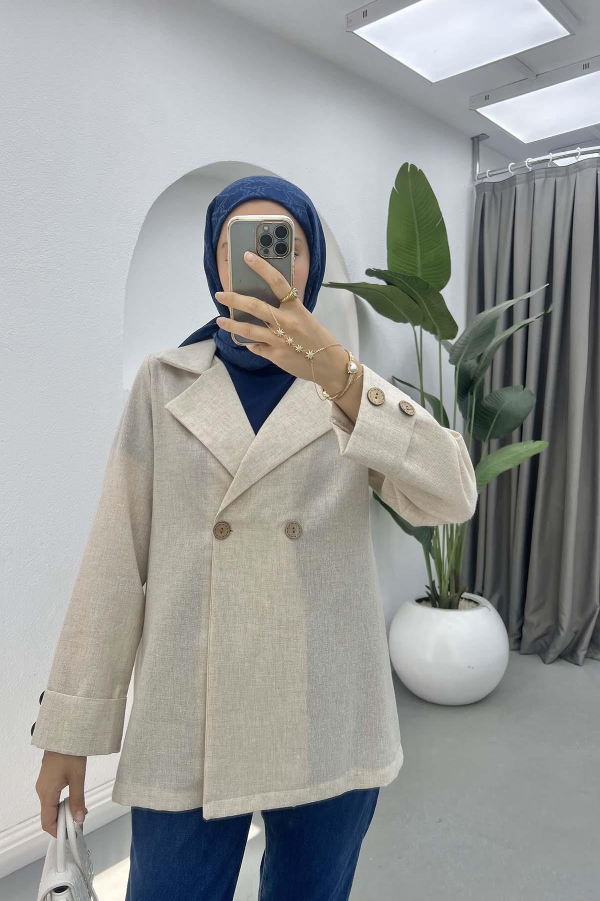 Düğmeli Keten Ceket Taş