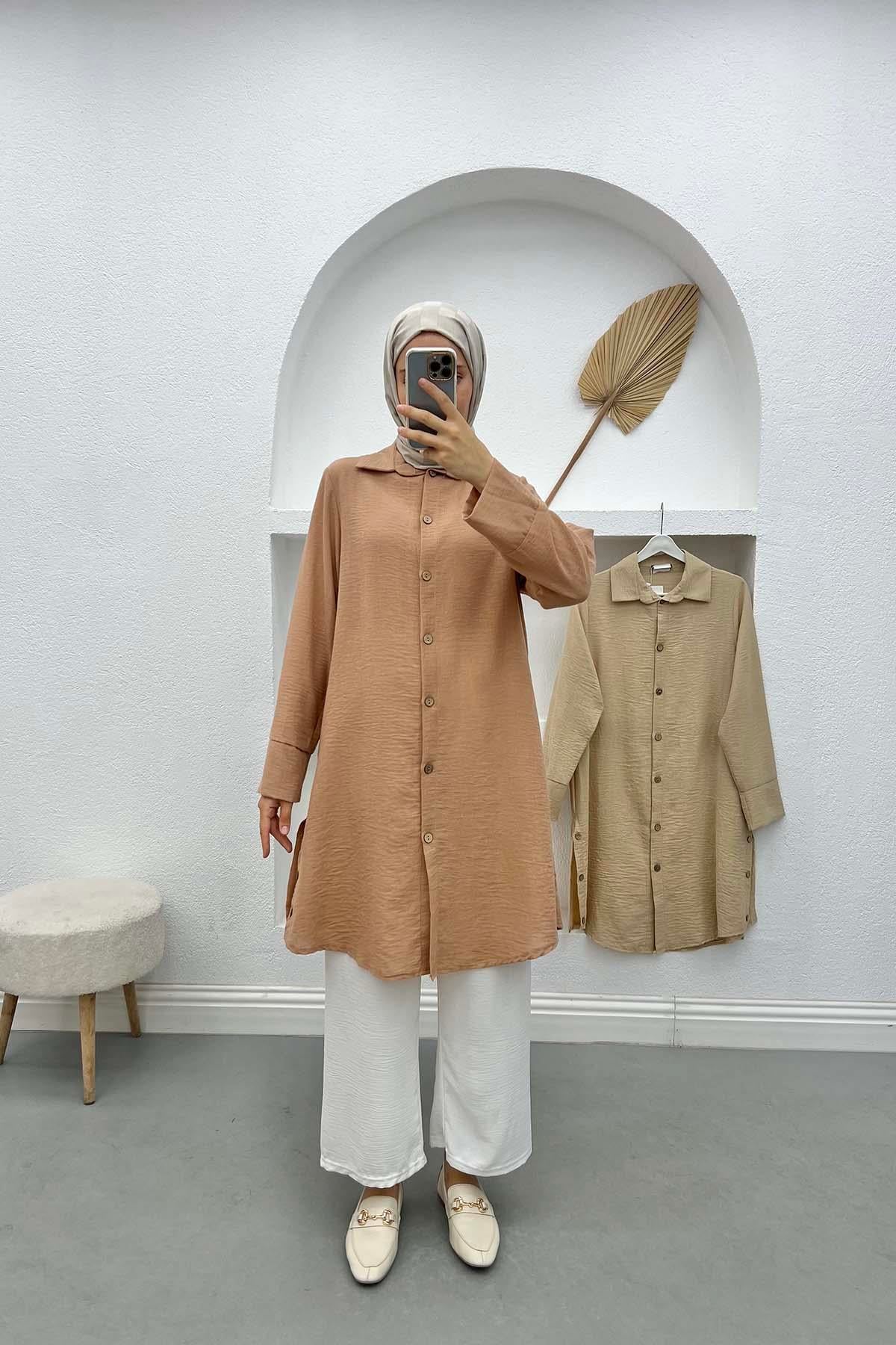Düğmeli Keten Tunik Camel