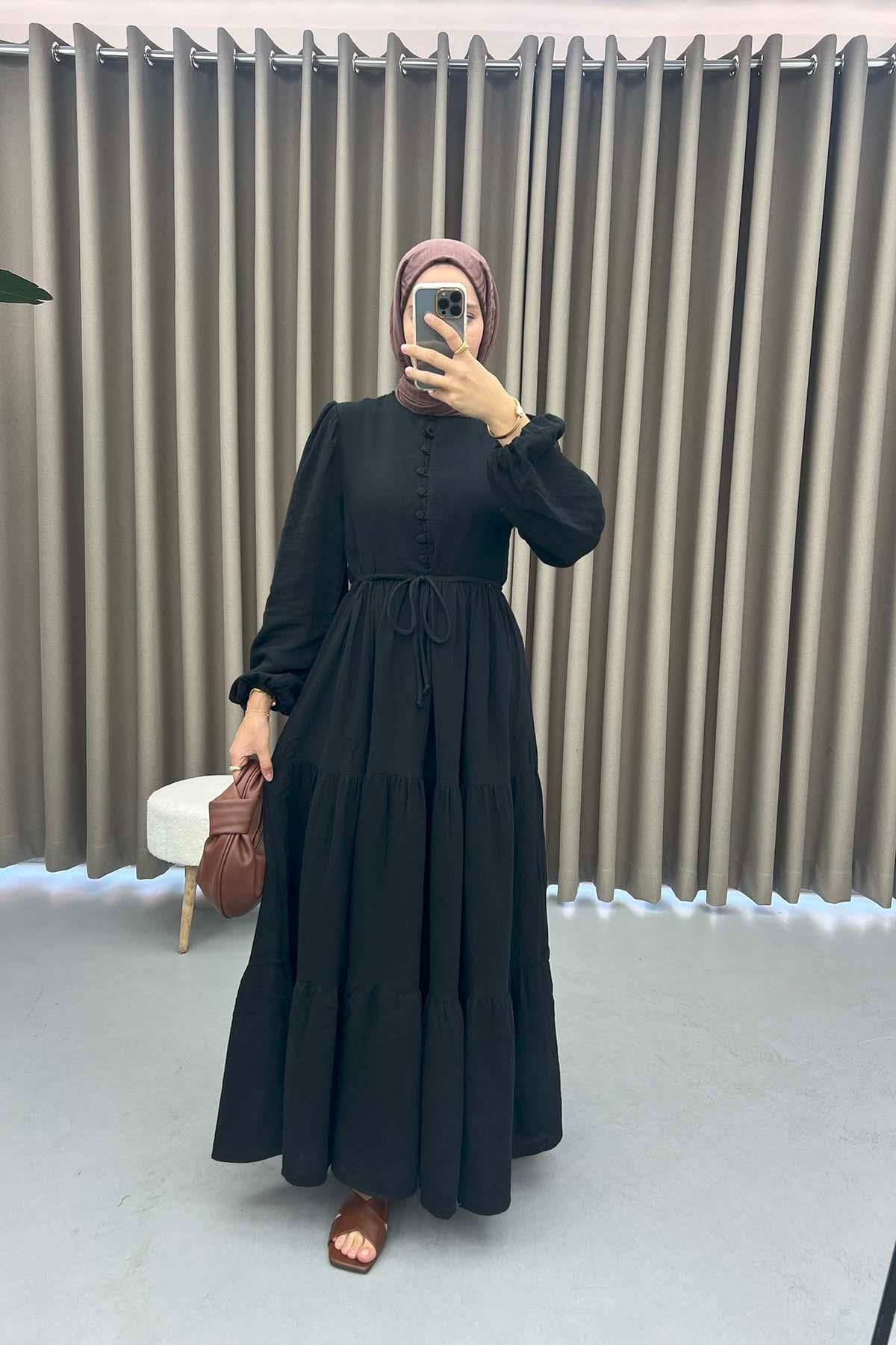Düğmeli Müslin Elbise Siyah