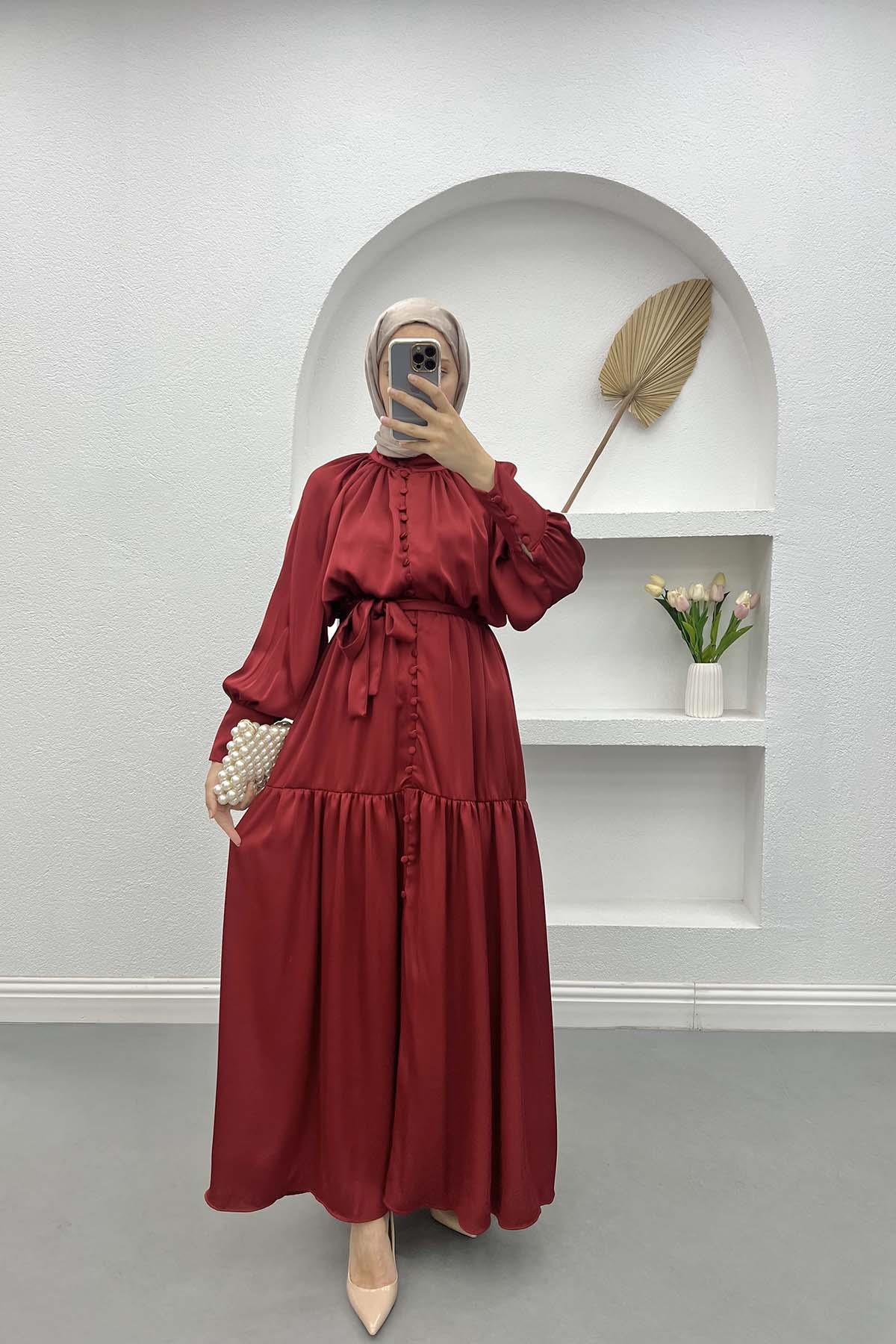 Düğmeli Saten Elbise Bordo