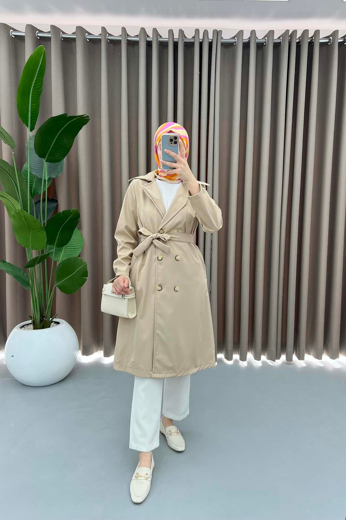 Düğmeli Trençkot Bej