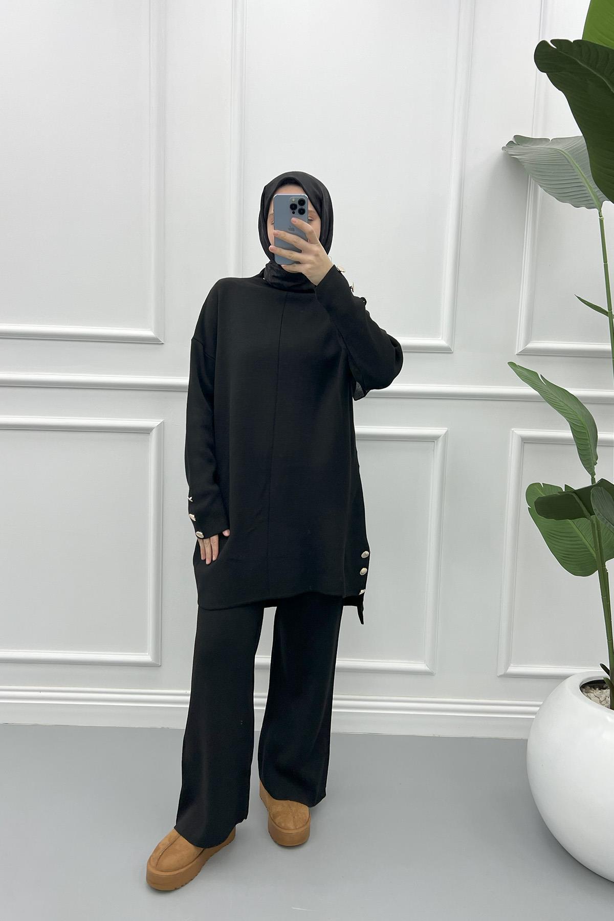 Düğmeli Triko Takım Siyah