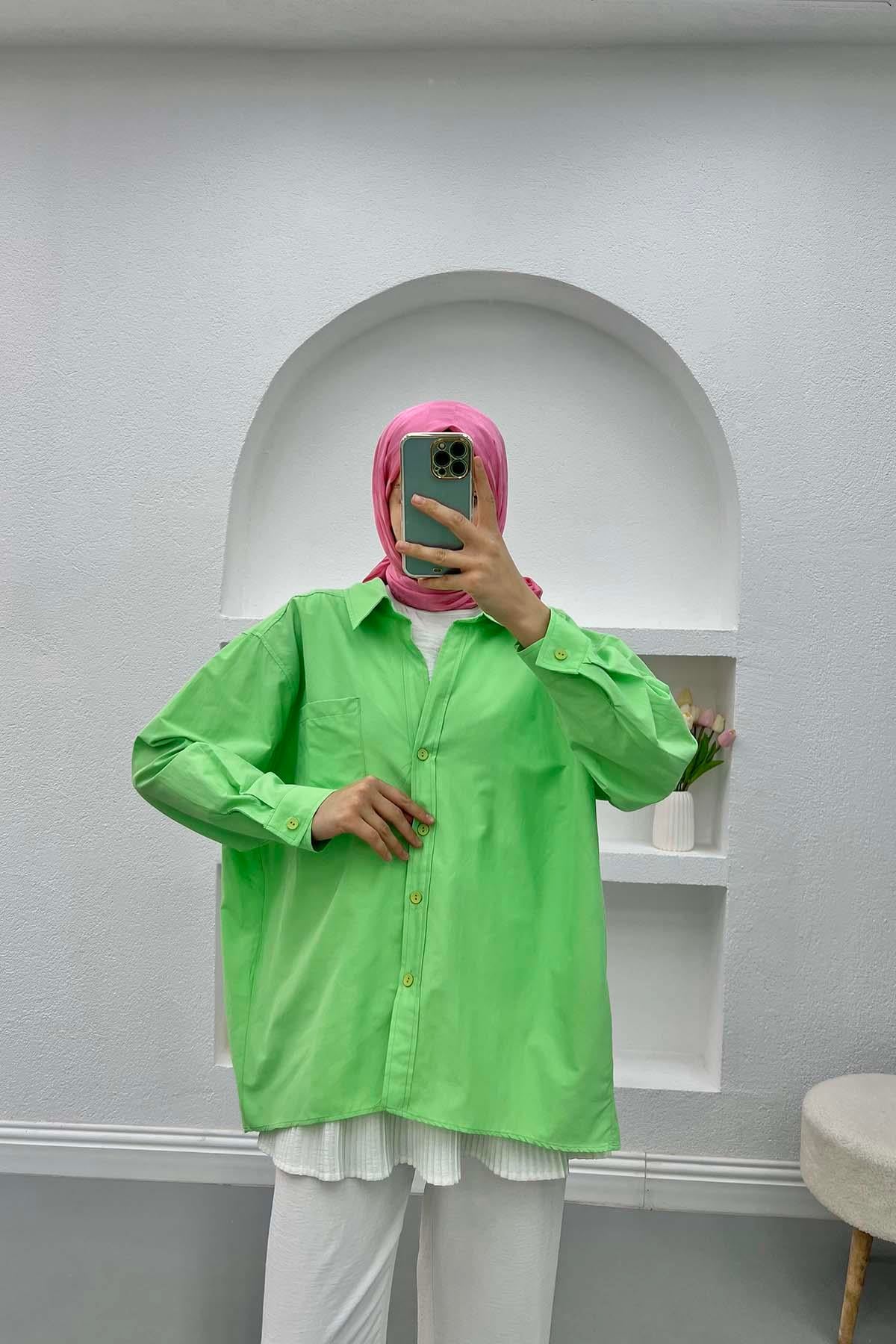 Düşük Omuzlu Oversize Gömlek Neon Yeşil
