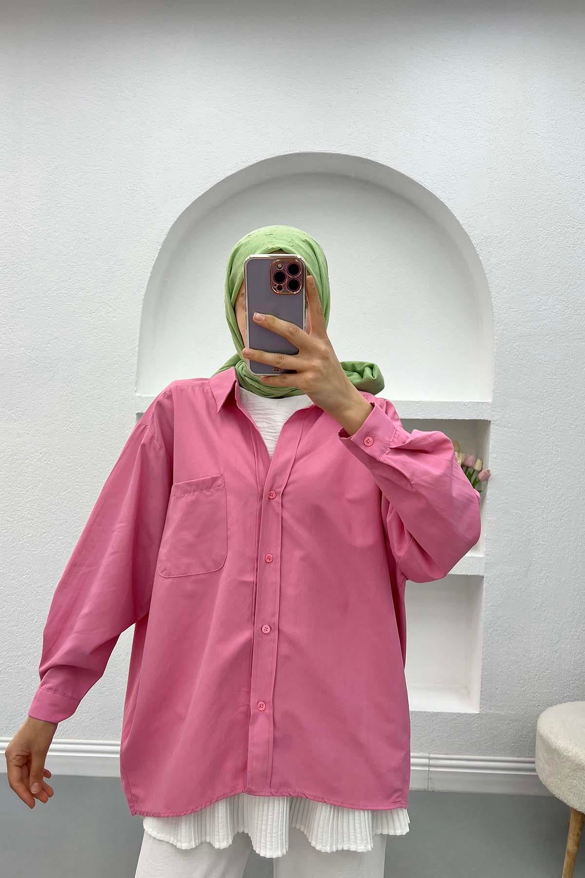 Düşük Omuzlu Oversize Gömlek Pembe