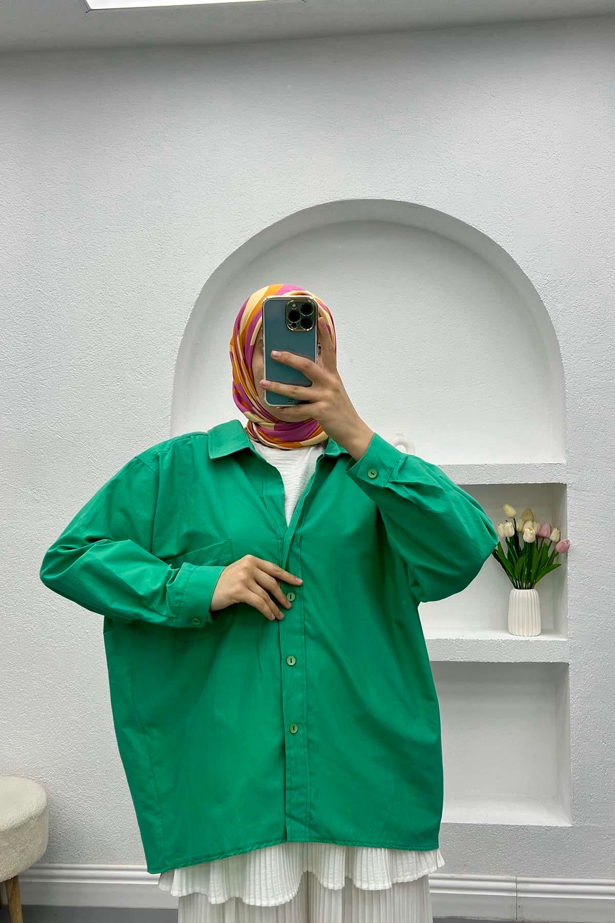 Düşük Omuzlu Oversize Gömlek Su Yeşili