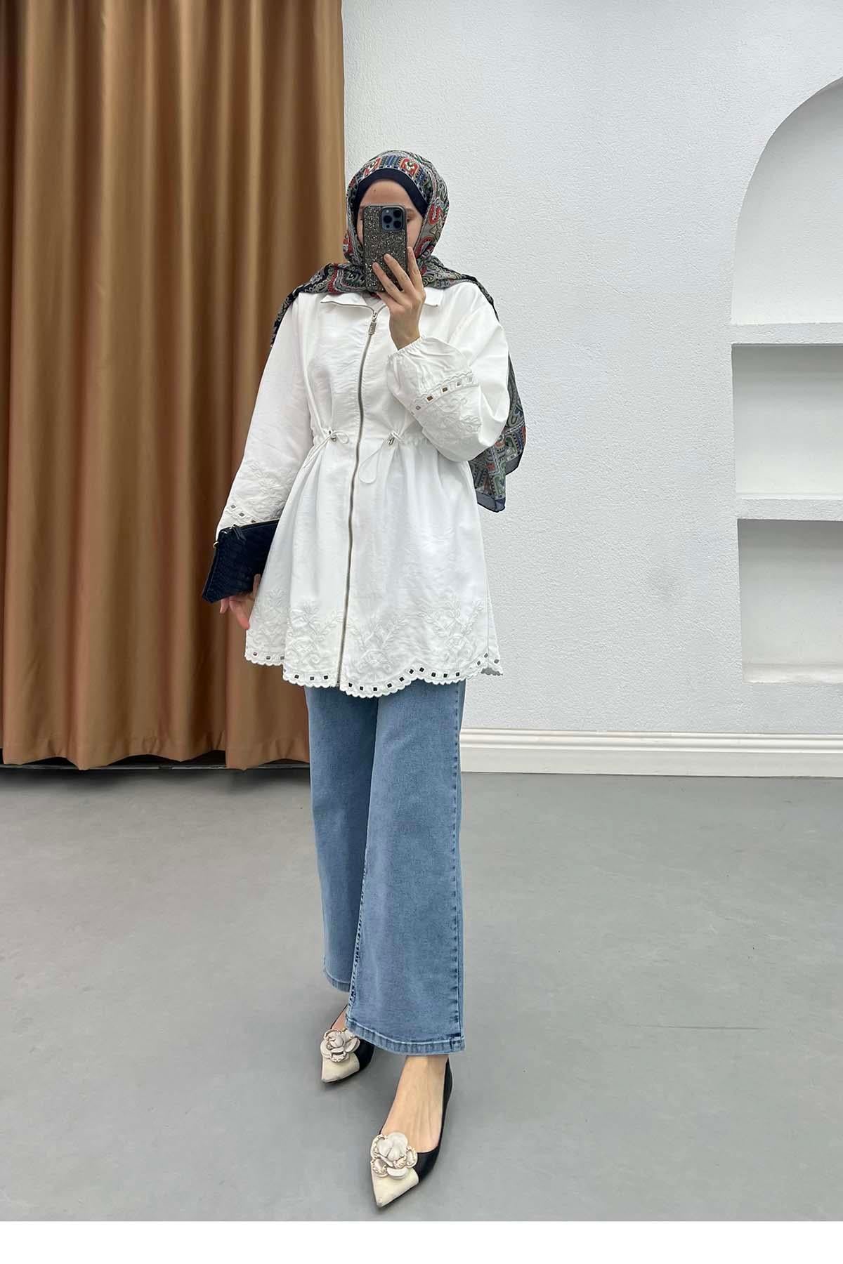 Elegance Nakışlı Fisto Detaylı Tunik Ekru