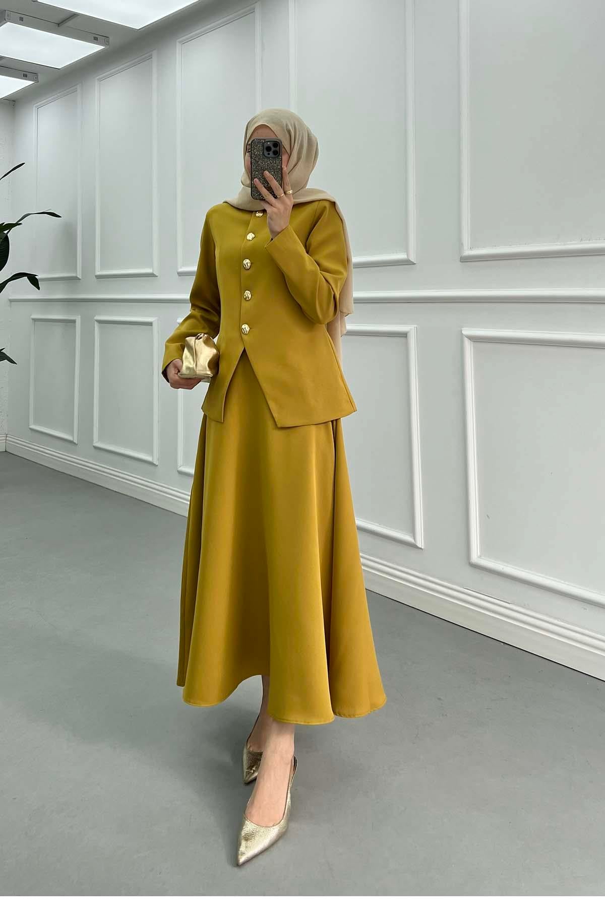 Elegant Stil Gold Düğmeli Takım Hardal Sarı