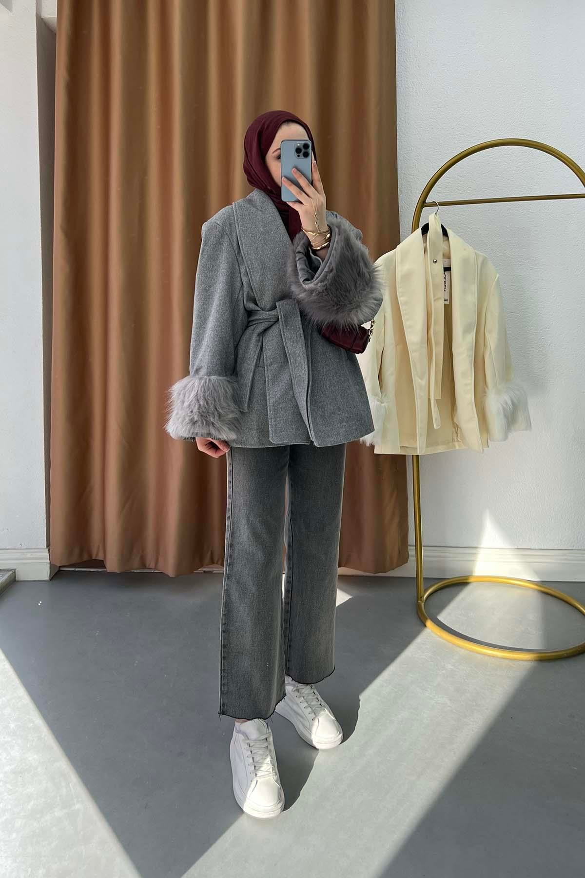 Eskimo Stil Astarlı Modern Kaşe Ceket Gri