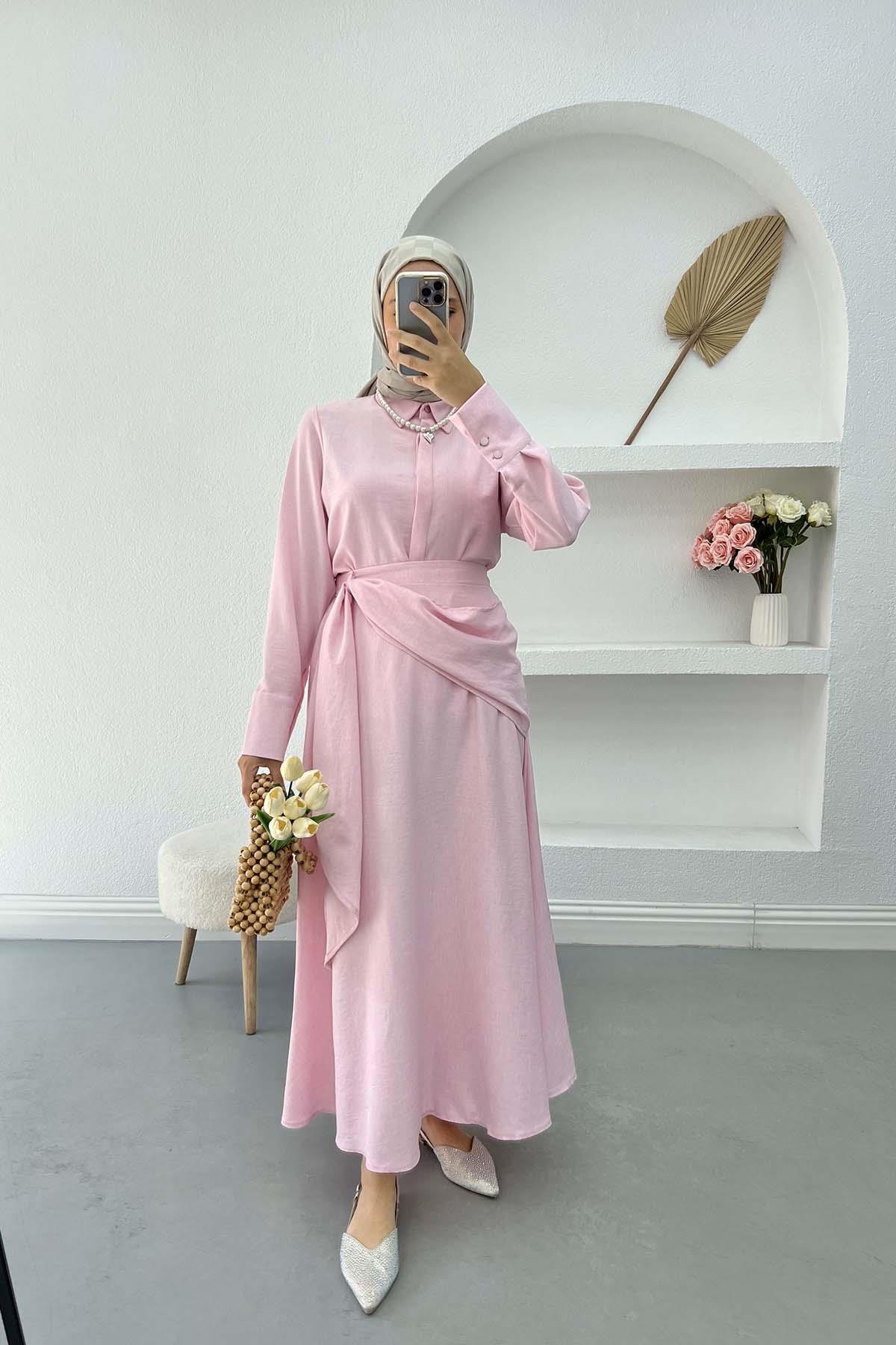 Eteği Bağlamalı Gömlek Takım Pembe