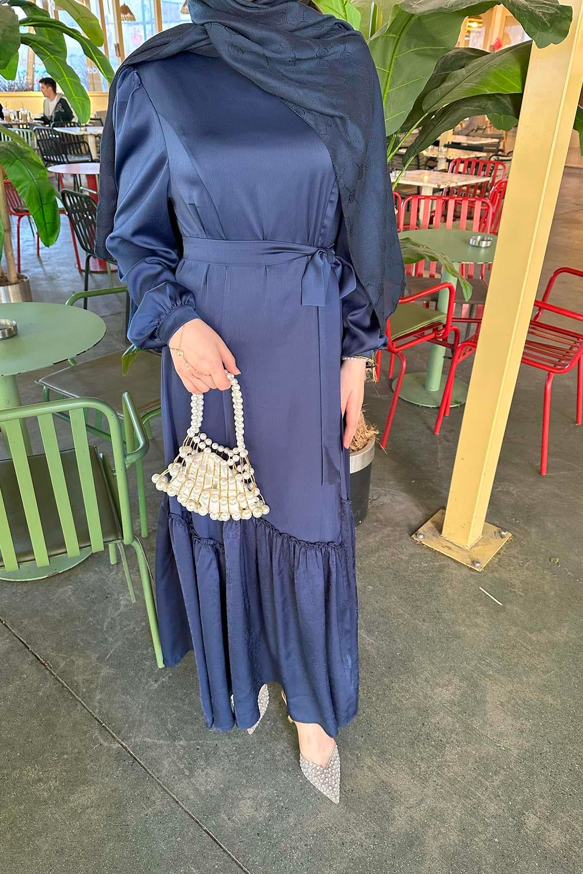Eteği Desenli Bağlamalı Elbise Lacivert
