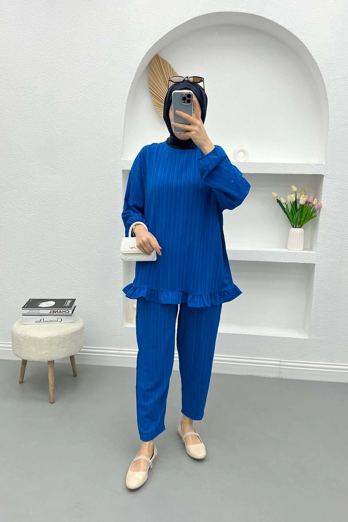 Eteği Fırfırlı Bluz Takım Saks Mavi
