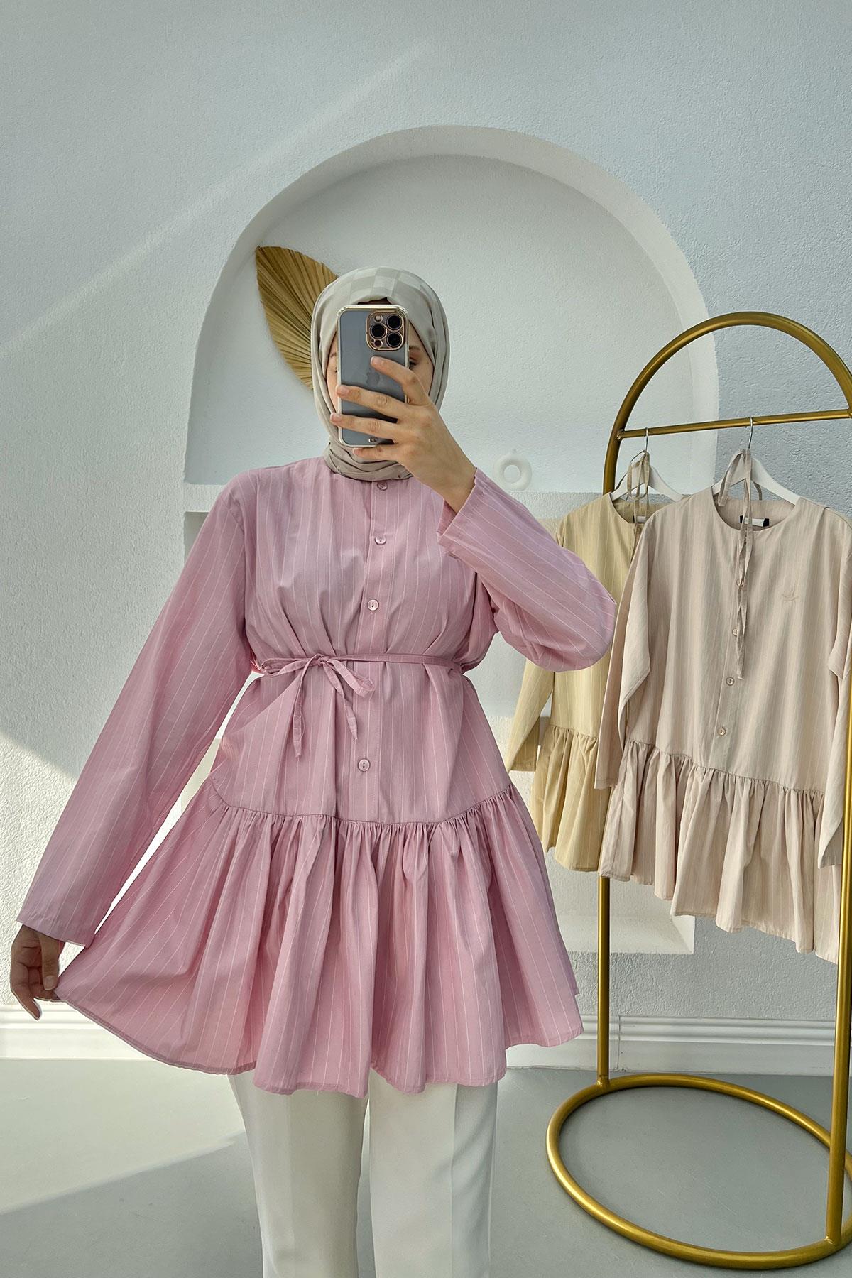 Eteği Volanlı Çizgili Tunik Pembe