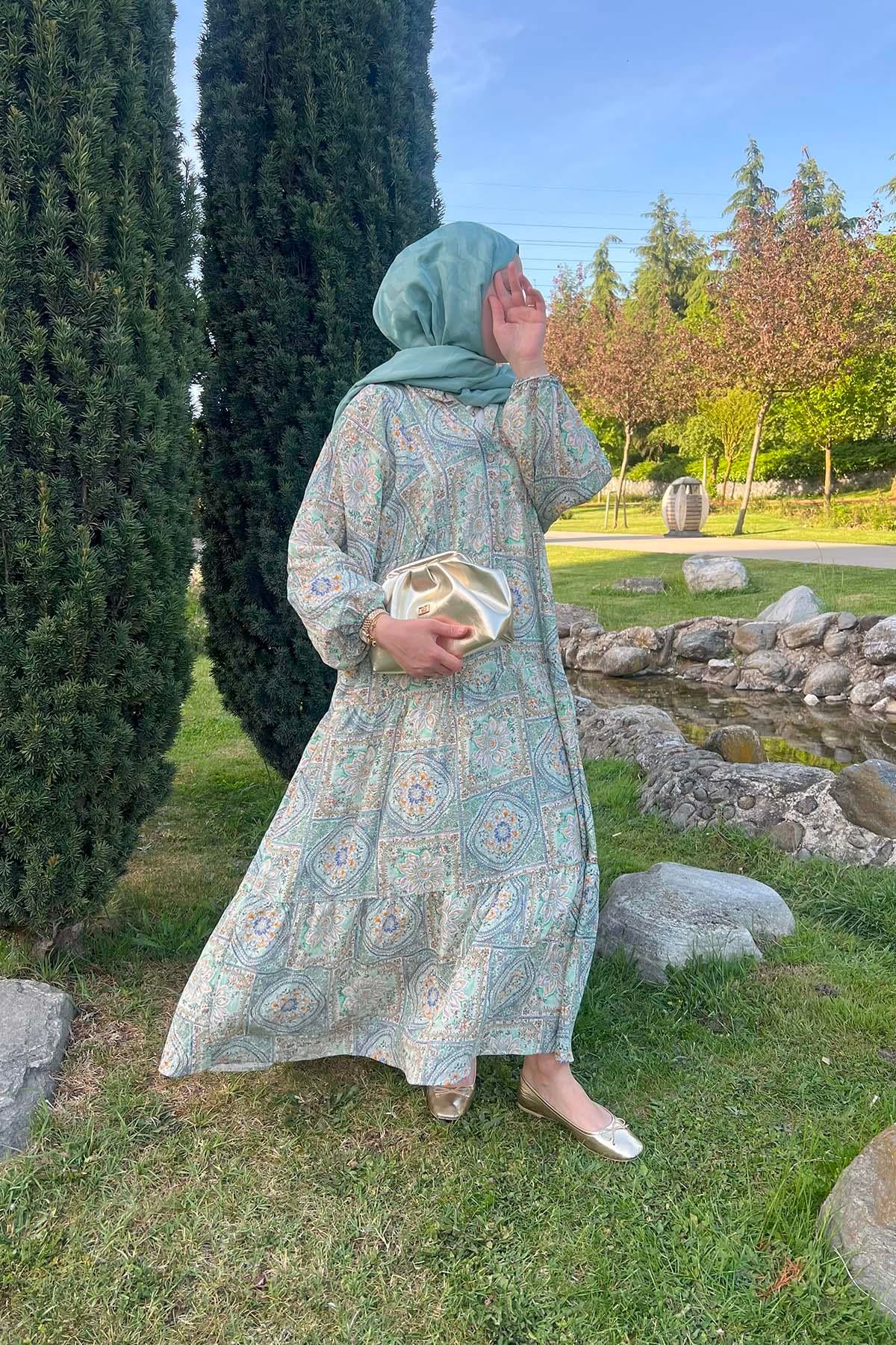Etnik Desen Çiçekli Elbise Mint