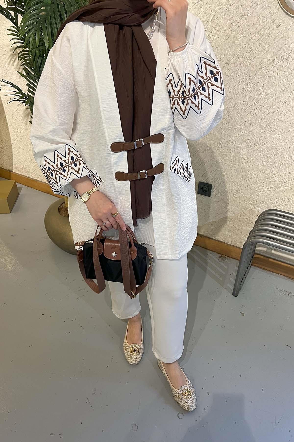 Etnik Desen Kemer Detaylı Kimono Beyaz