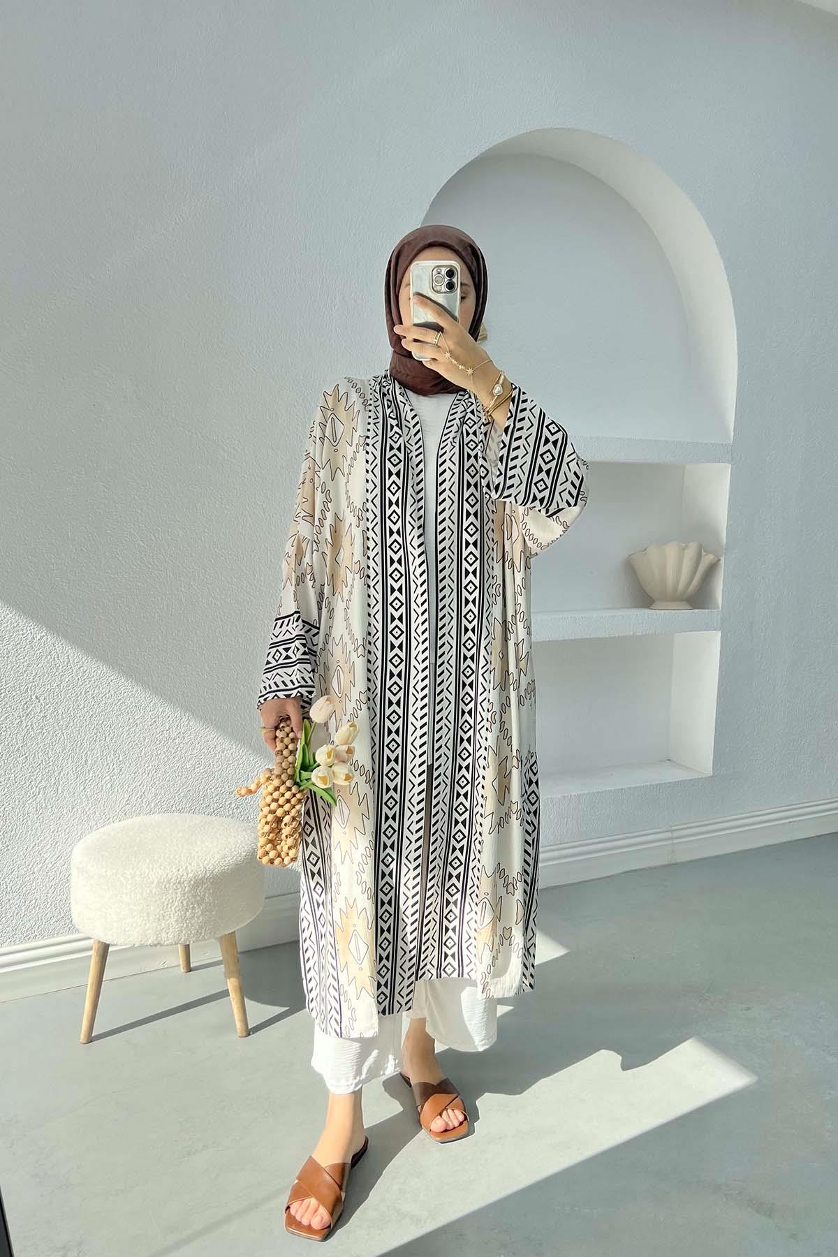 Etnik Desen Uzun Kimono Krem
