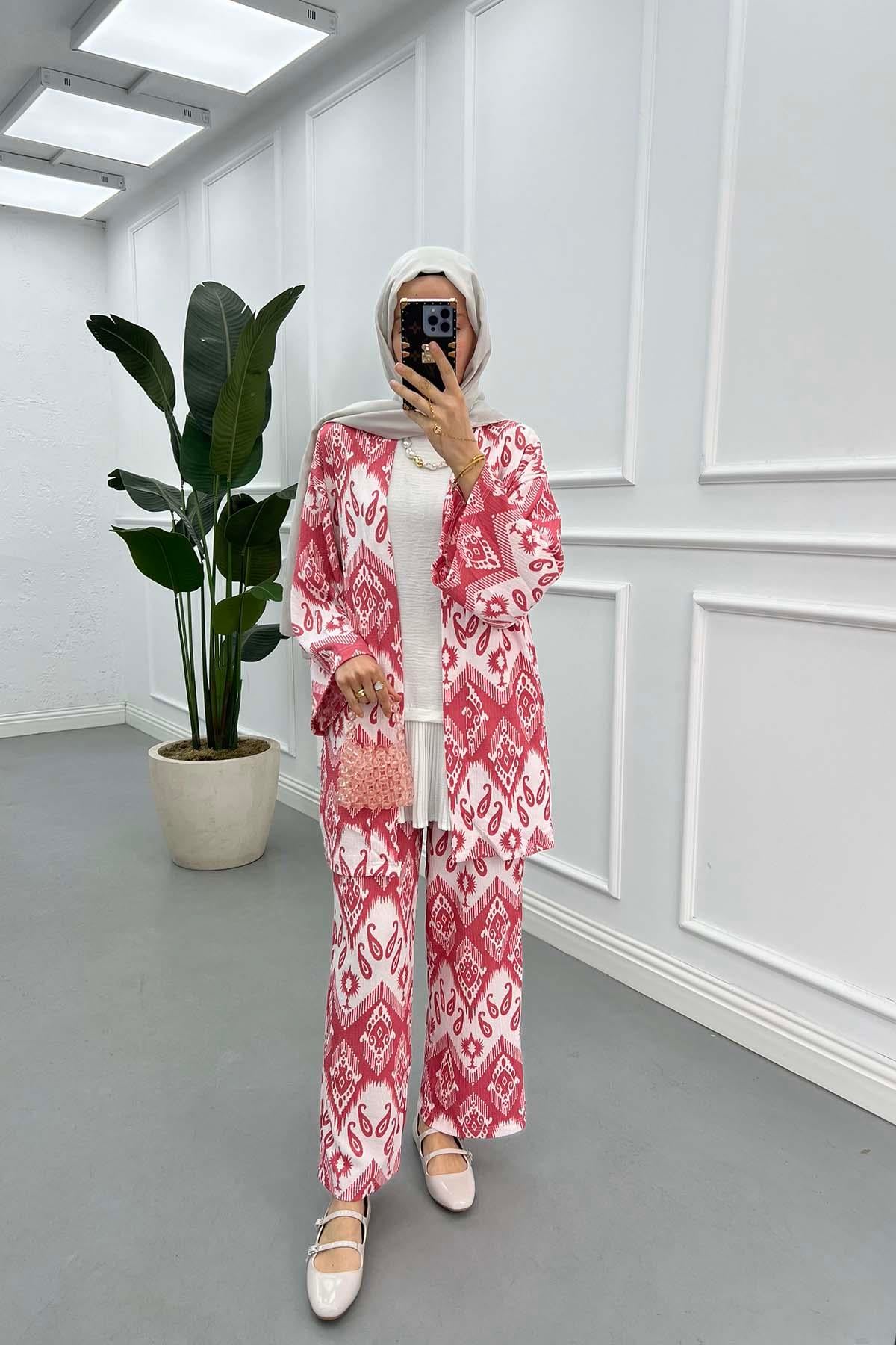 Etnik Desenli Kimono Takım Pembe