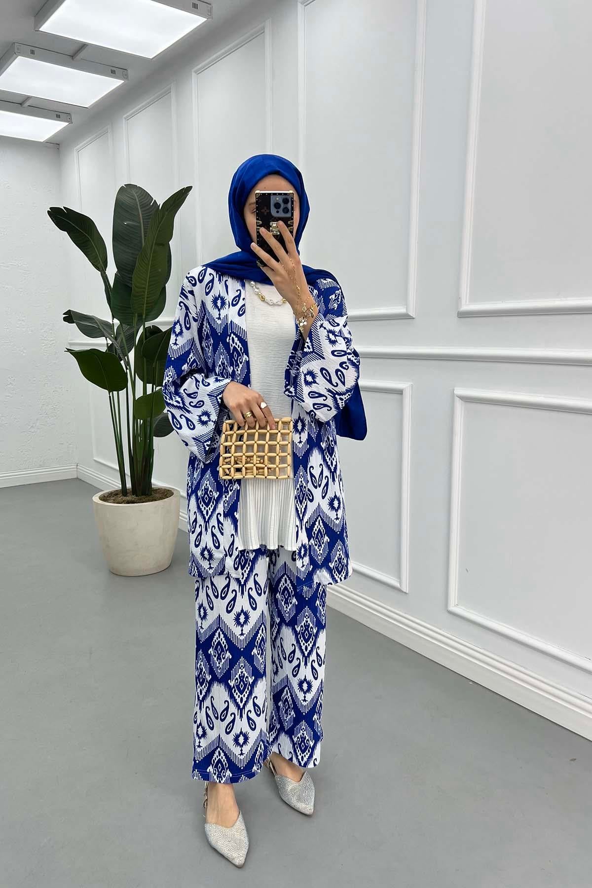 Etnik Desenli Kimono Takım Saks Mavi