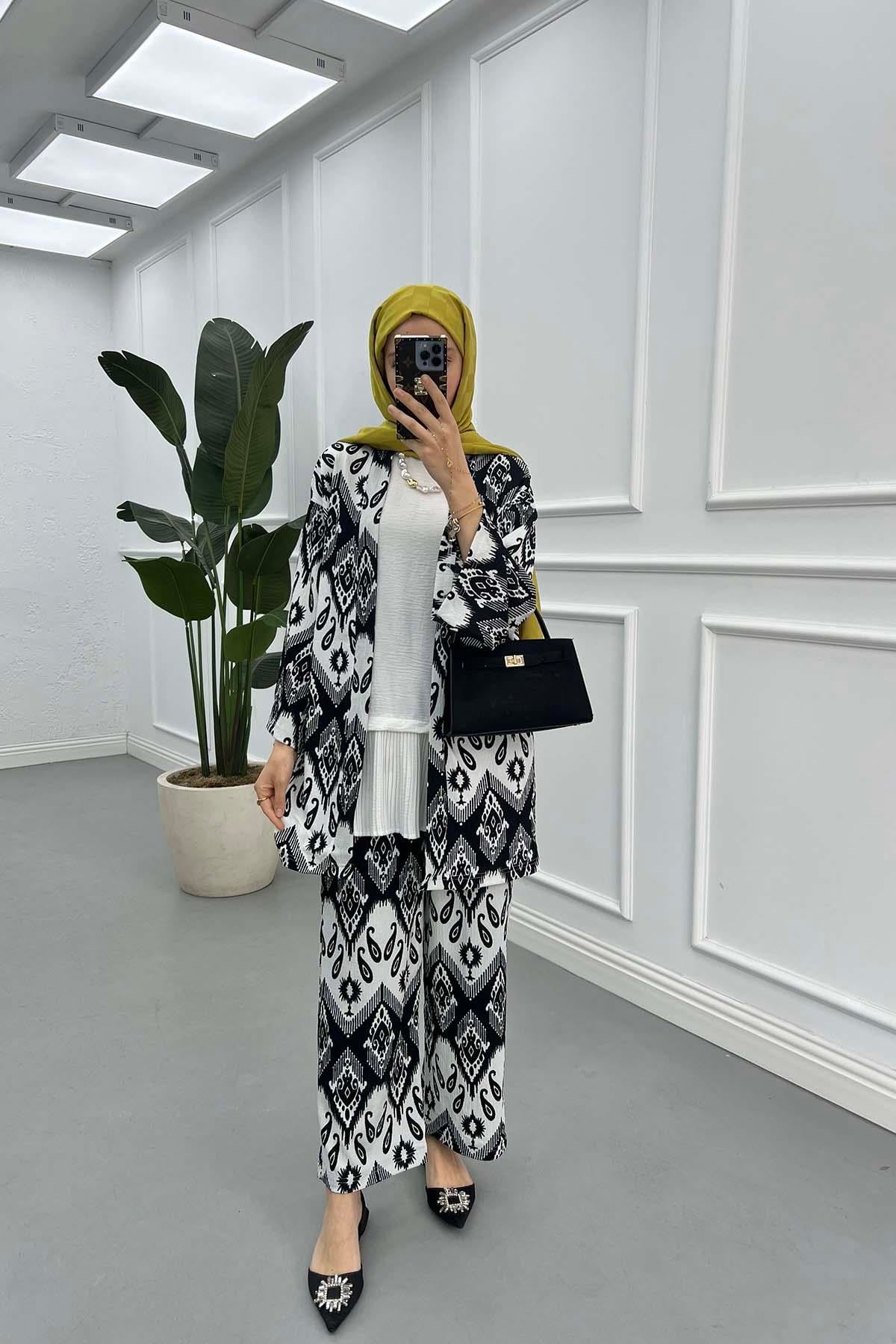 Etnik Desenli Kimono Takım Siyah