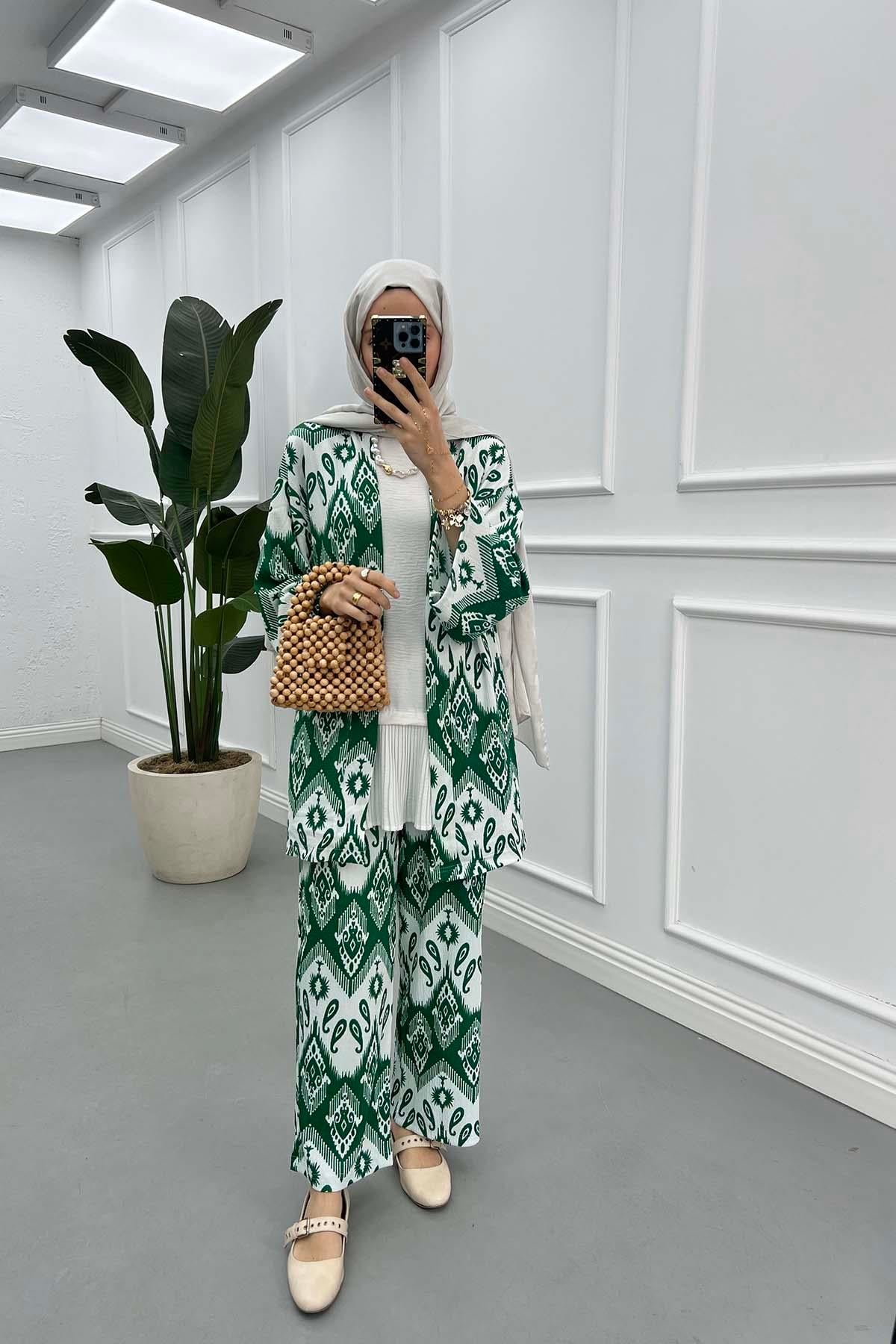 Etnik Desenli Kimono Takım Yeşil