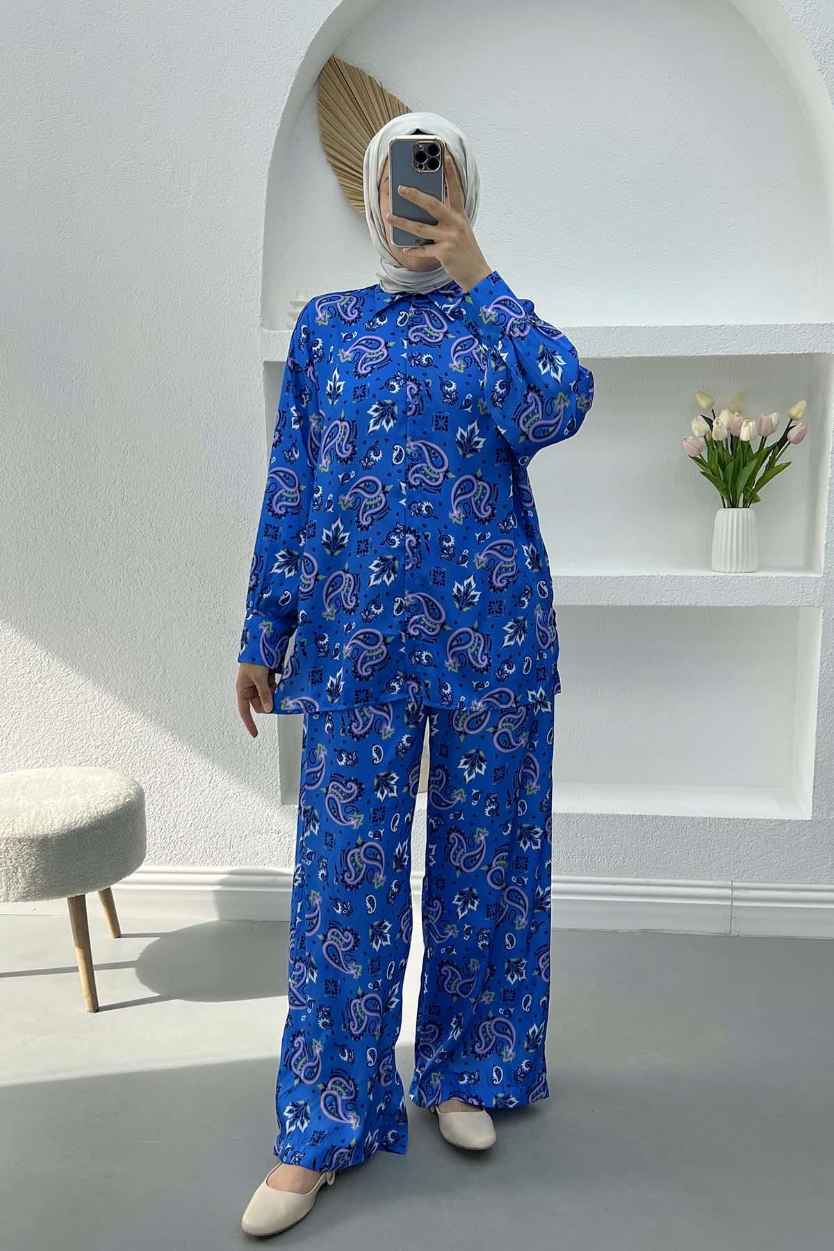 Etnik Desenli Saten Takım Saks Mavi
