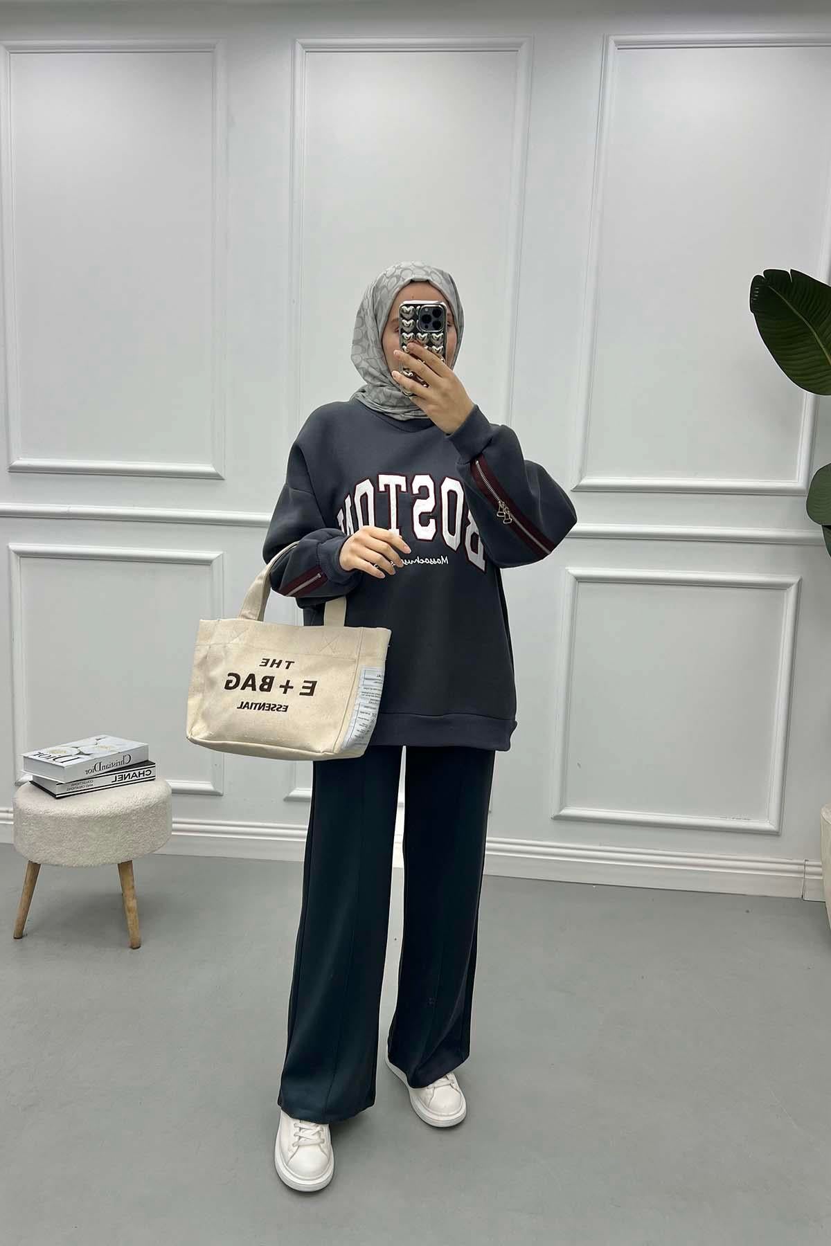 Fermuar Detaylı Üç İplik Sweatshirt Antrasit