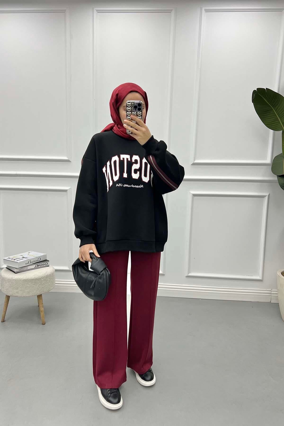 Fermuar Detaylı Üç İplik Sweatshirt Siyah