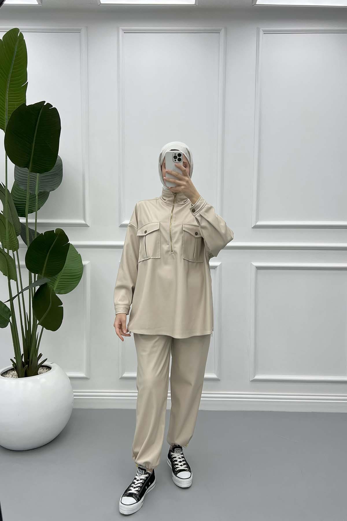 Fermuarlı Deri Takım Bej