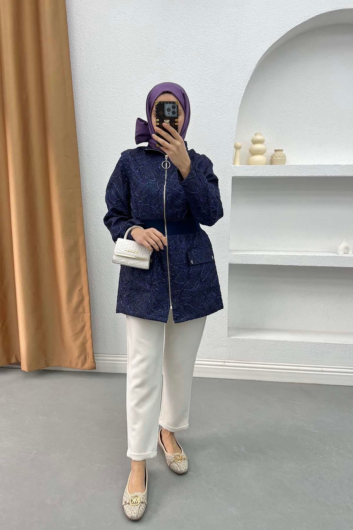 Fermuarlı Jakarlı Ceket Lacivert