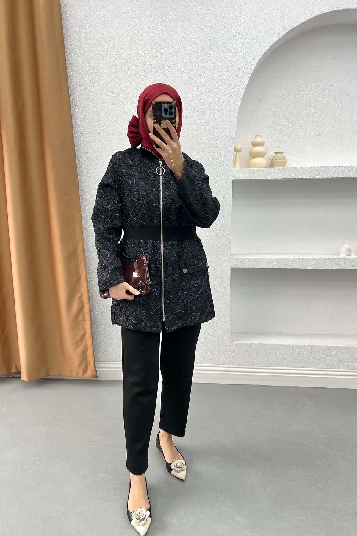 Fermuarlı Jakarlı Ceket Siyah