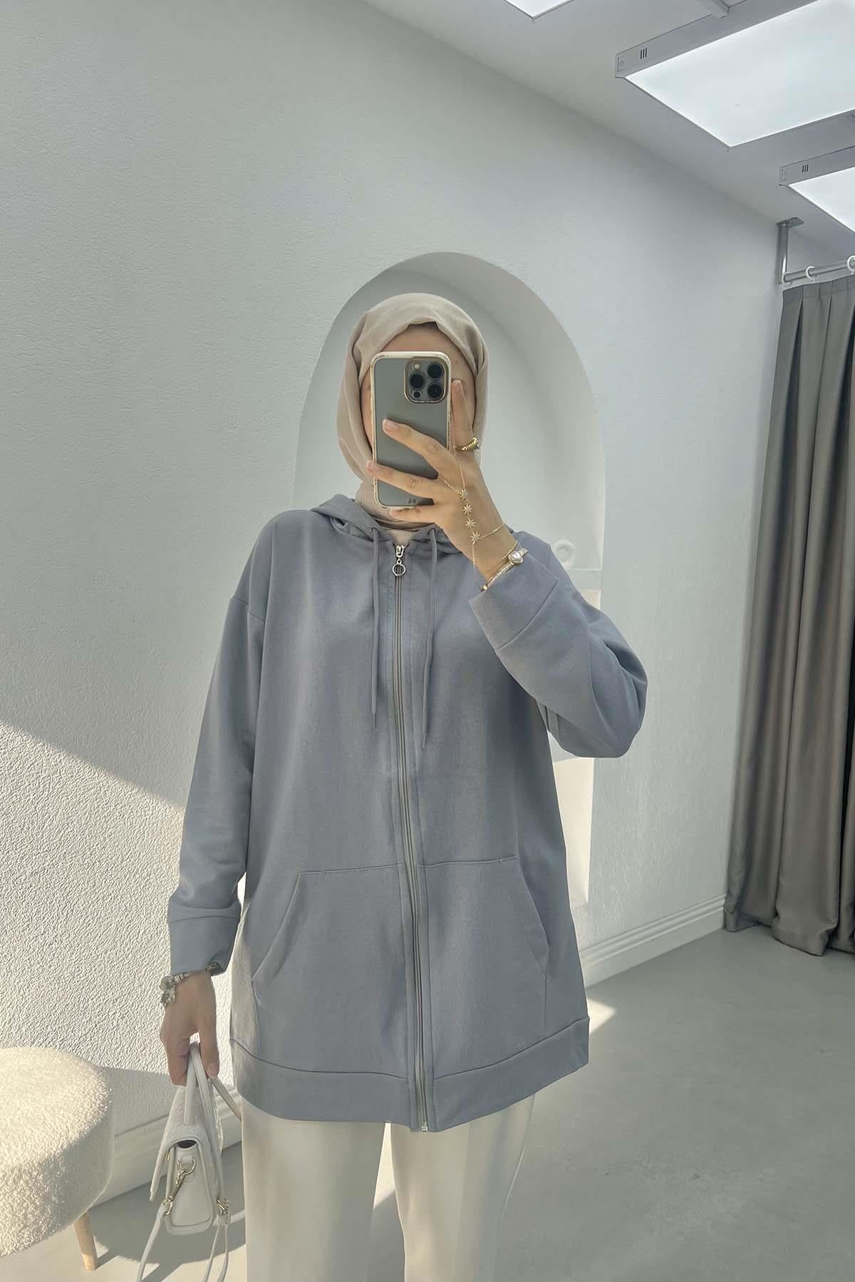 Fermuarlı Okul Sweatshirt Gri
