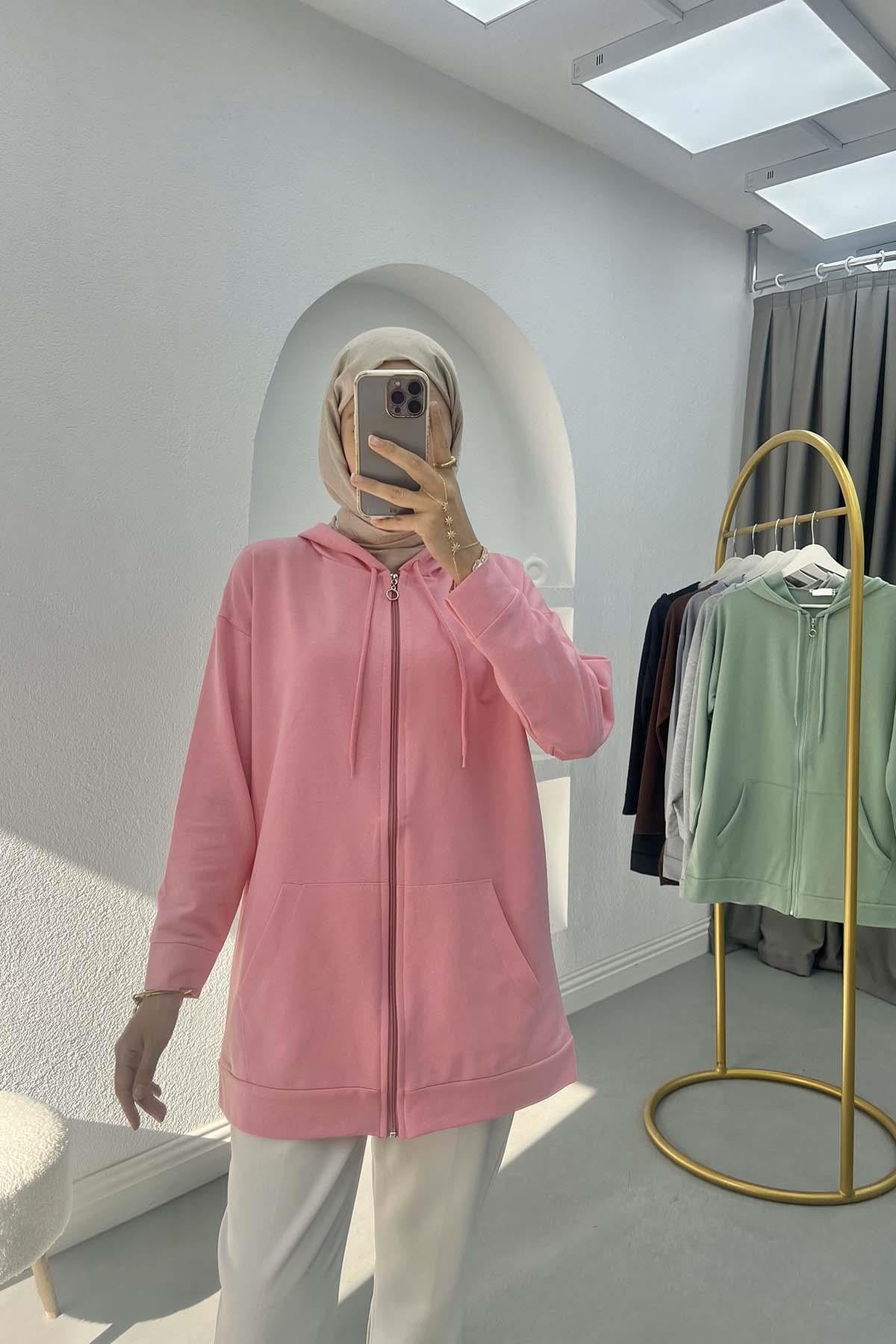 Fermuarlı Okul Sweatshirt Pembe