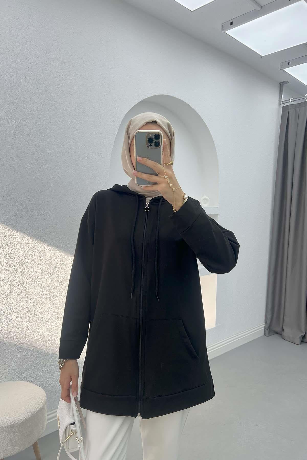 Fermuarlı Okul Sweatshirt Siyah