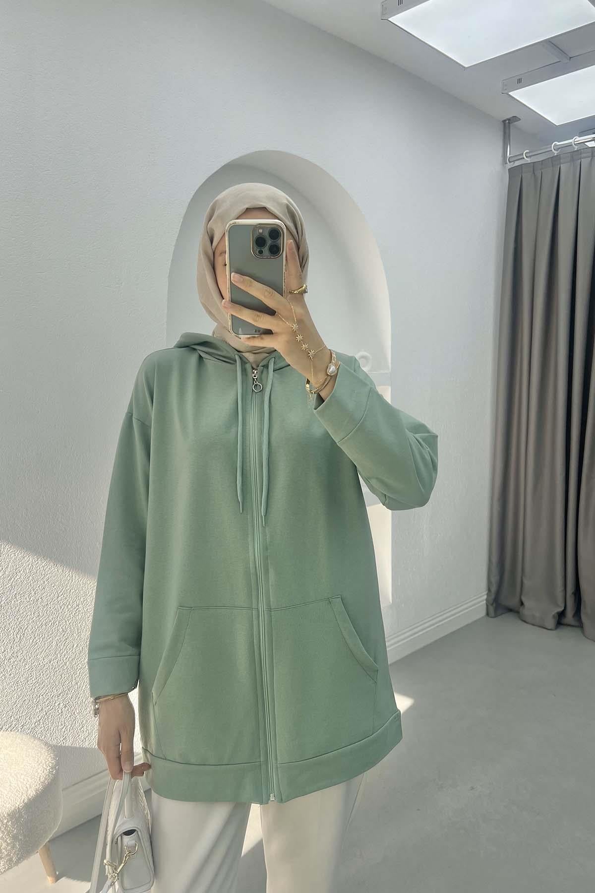Fermuarlı Okul Sweatshirt Su Yeşili