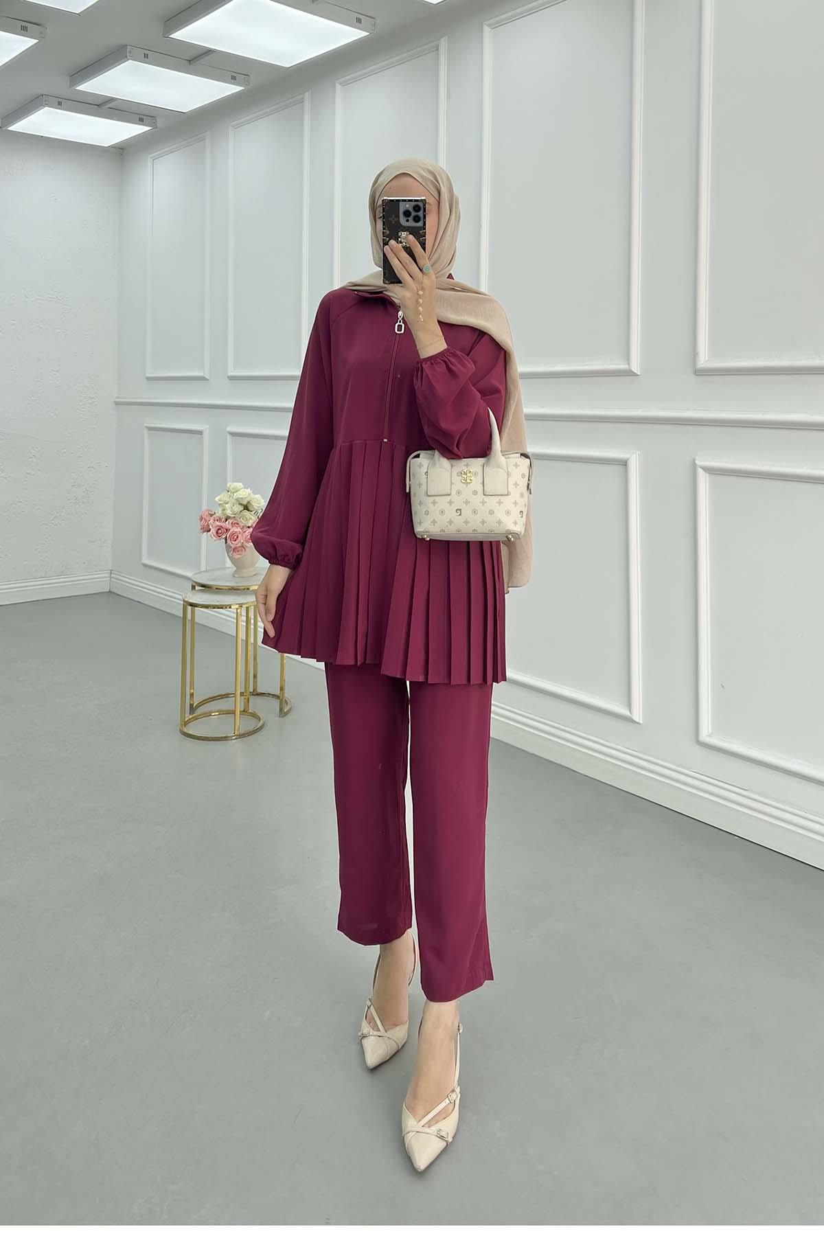 Fermuarlı Piliseli Pantolon Takım Bordo