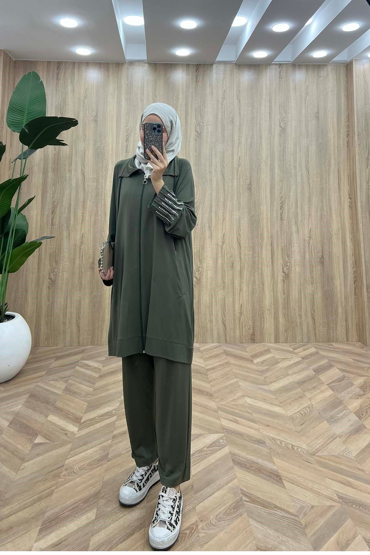 Fermuarlı Taş Detaylı Spor Takım Haki