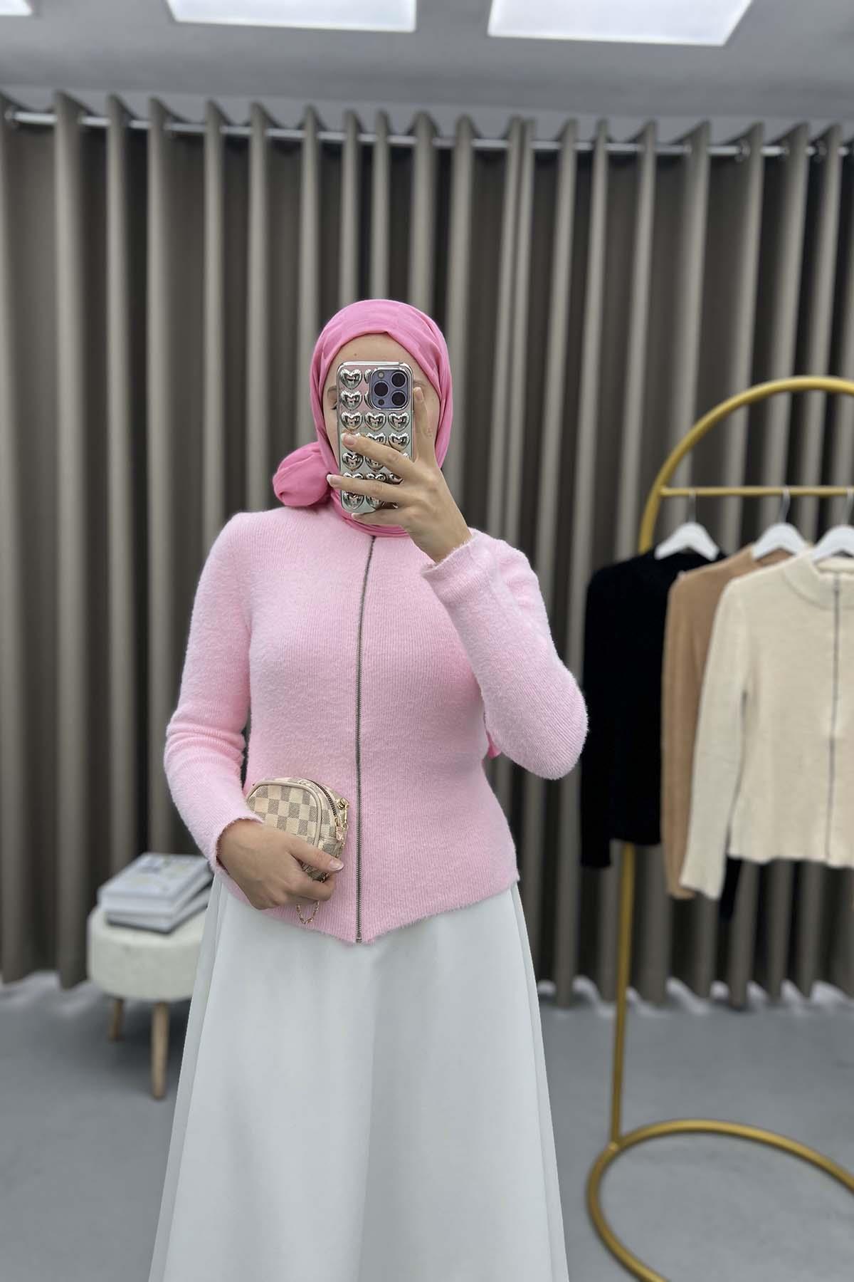 Fermuarlı Triko Hırka Pembe
