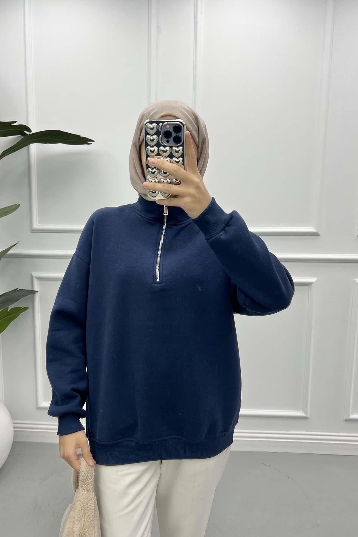 Fermuarlı Üç İplik Sweatshirt Lacivert