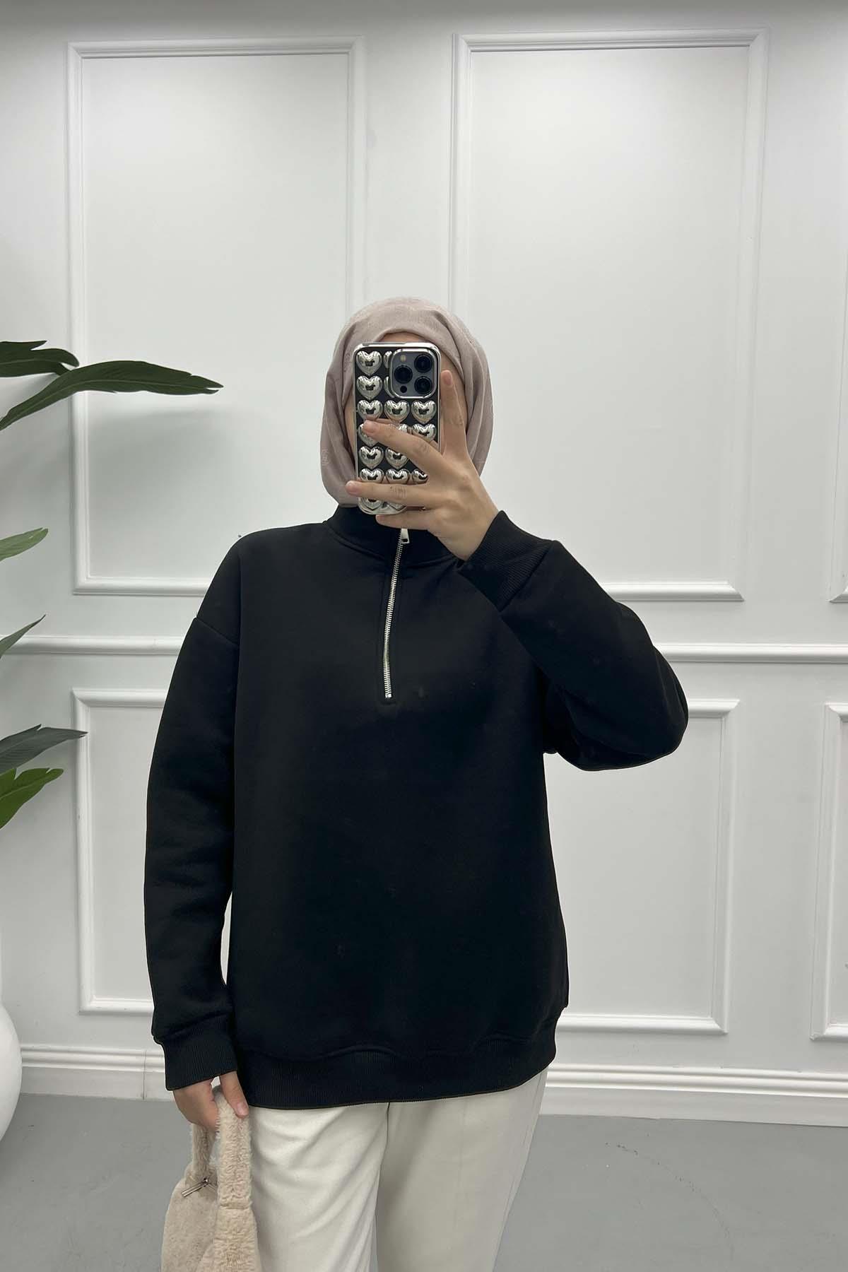 Fermuarlı Üç İplik Sweatshirt Siyah