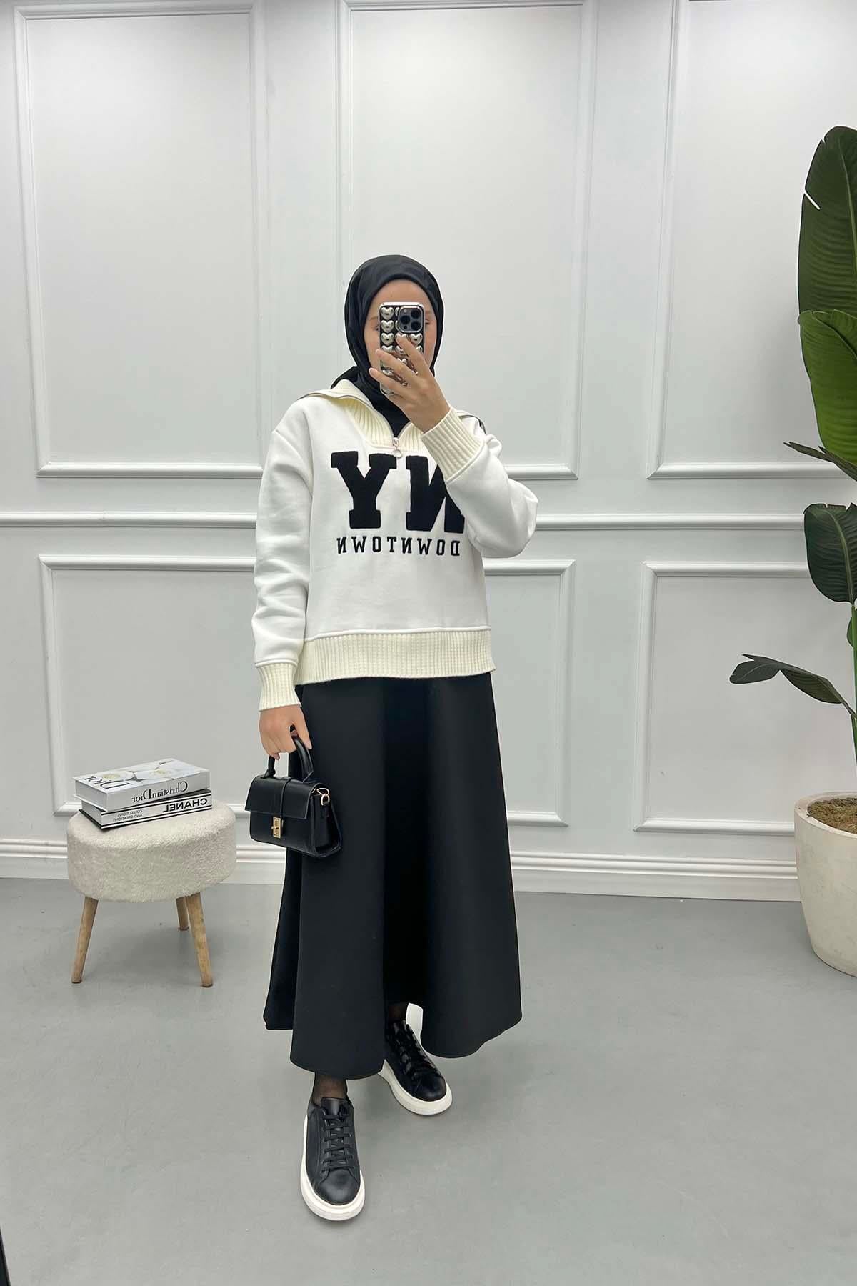 Fermuarlı Yazılı Sweatshirt Beyaz