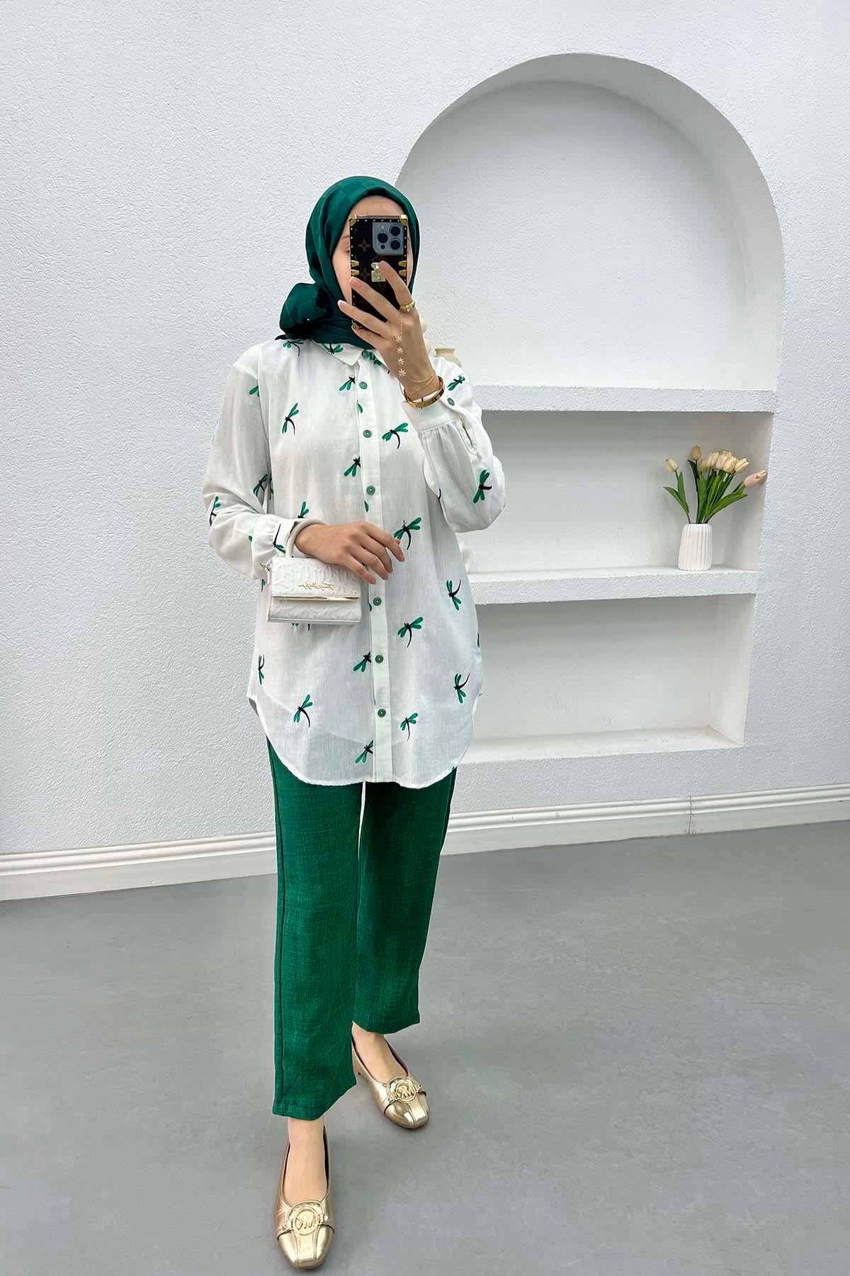 Figürlü Keten Takım Yeşil
