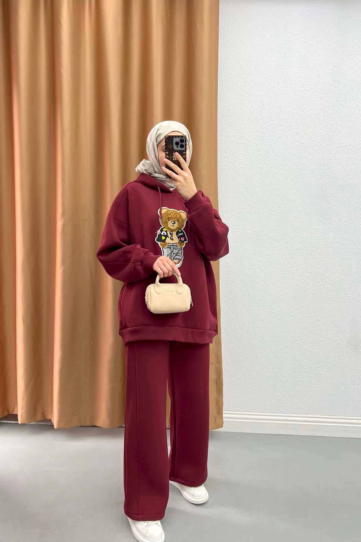 Figürlü Üç İplik Takım Bordo